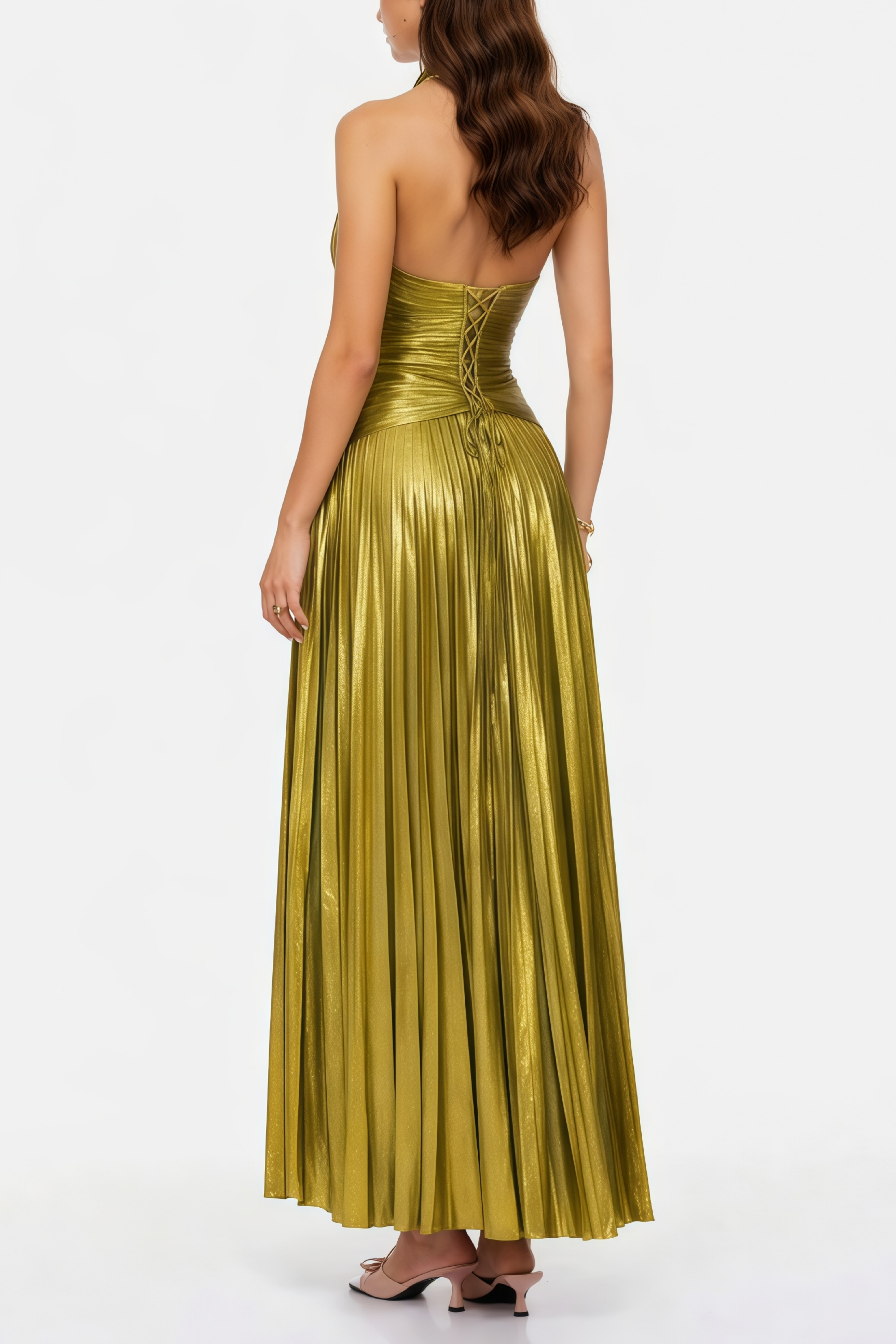 Nadya Olive Green Halterneck Ruched Maxi Dress