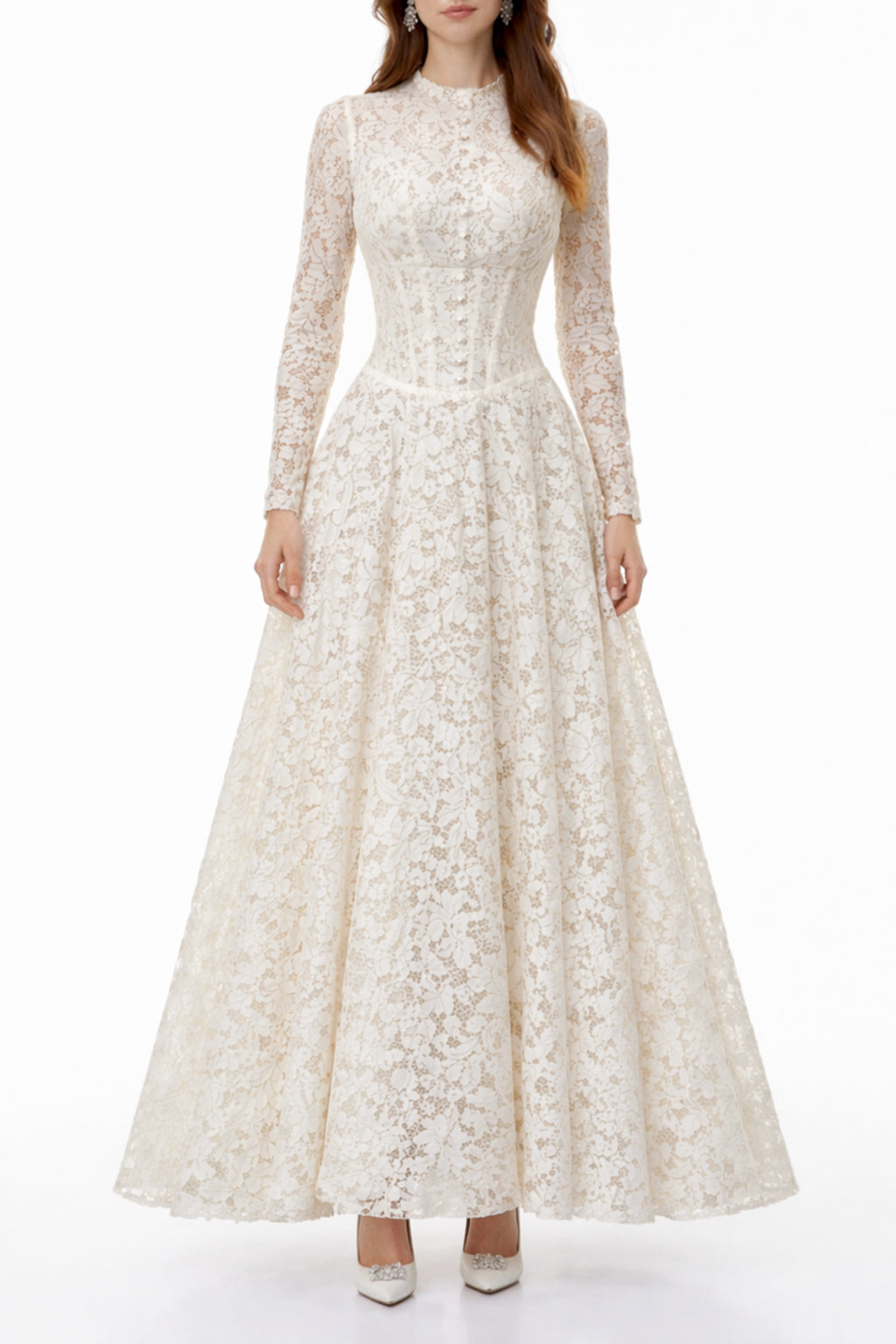 Narges White Lace Maxi Dress with Decorative Buttons