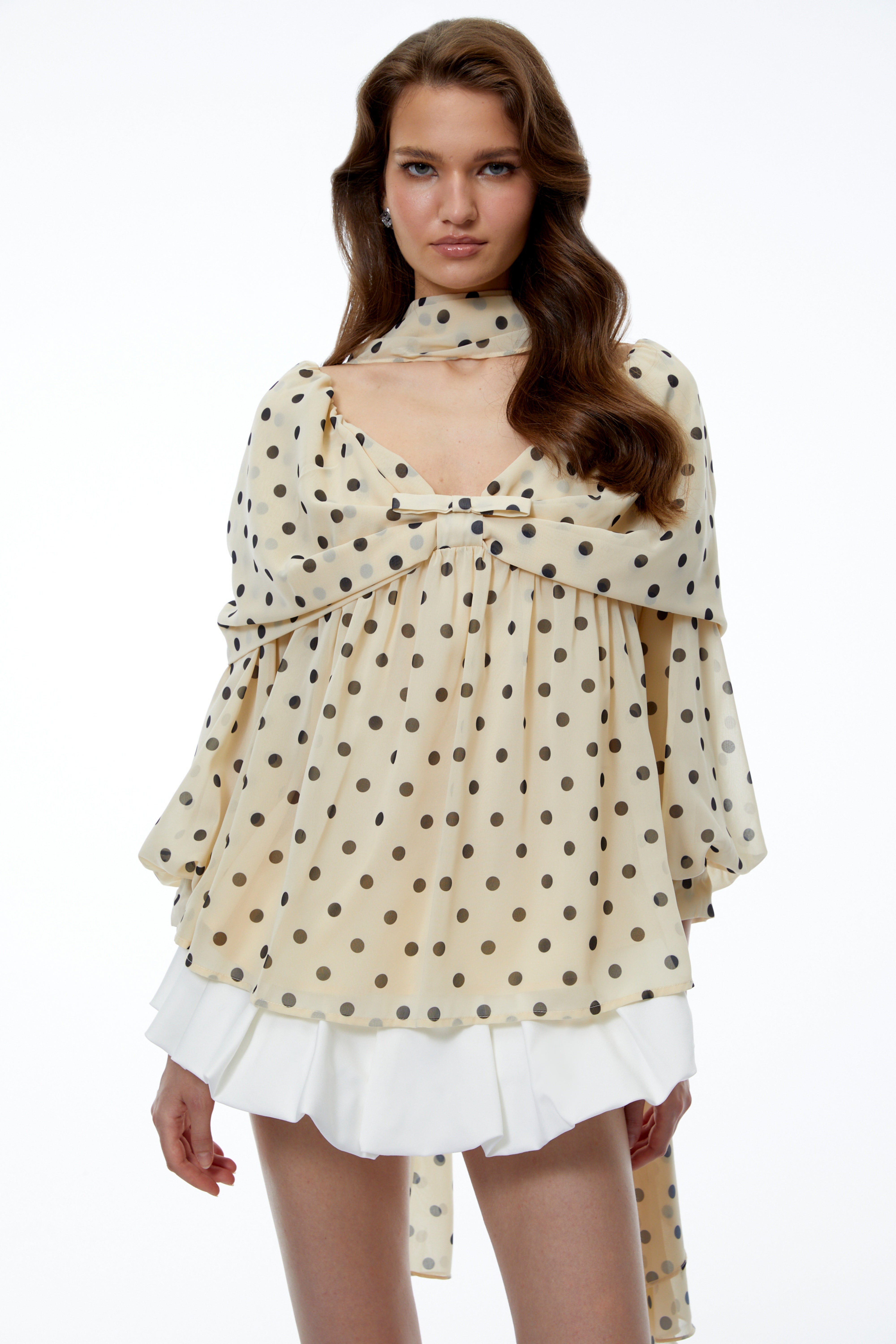 Natalia Cream Long Sleeve Polka Dot Ruched Top