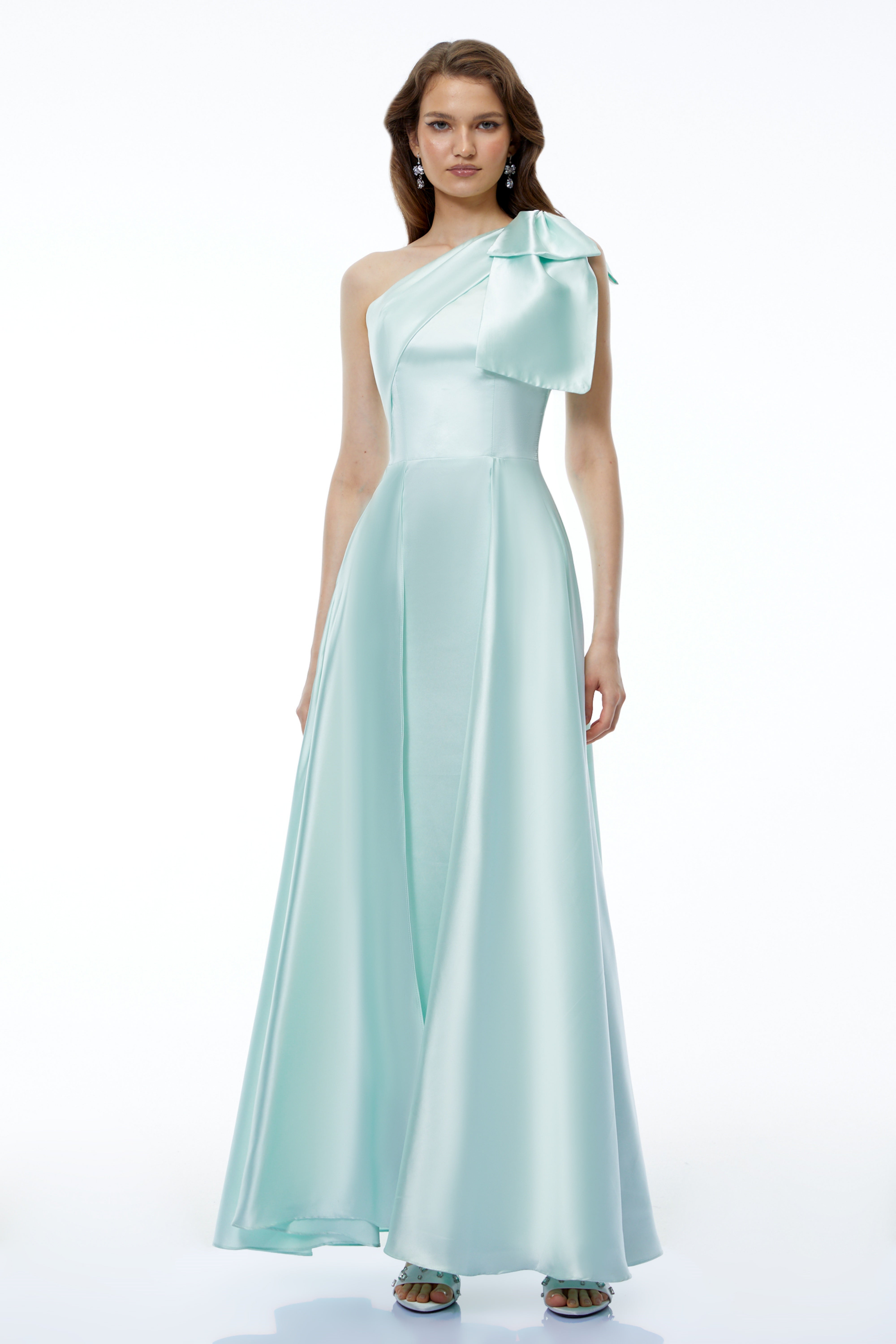 Natalia Green One Shoulder Ruched Maxi Dress with Bow