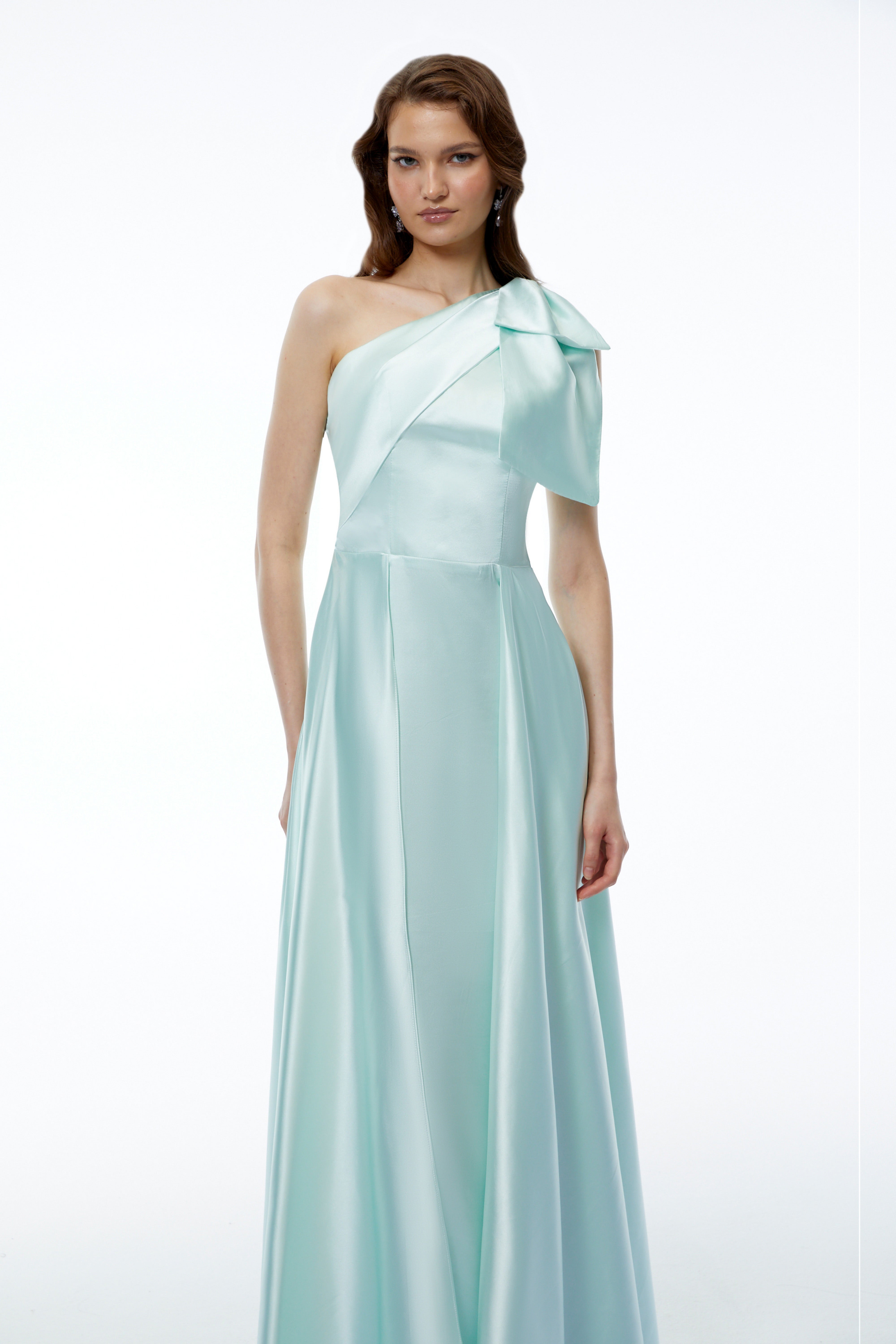 Natalia Green One Shoulder Ruched Maxi Dress with Bow