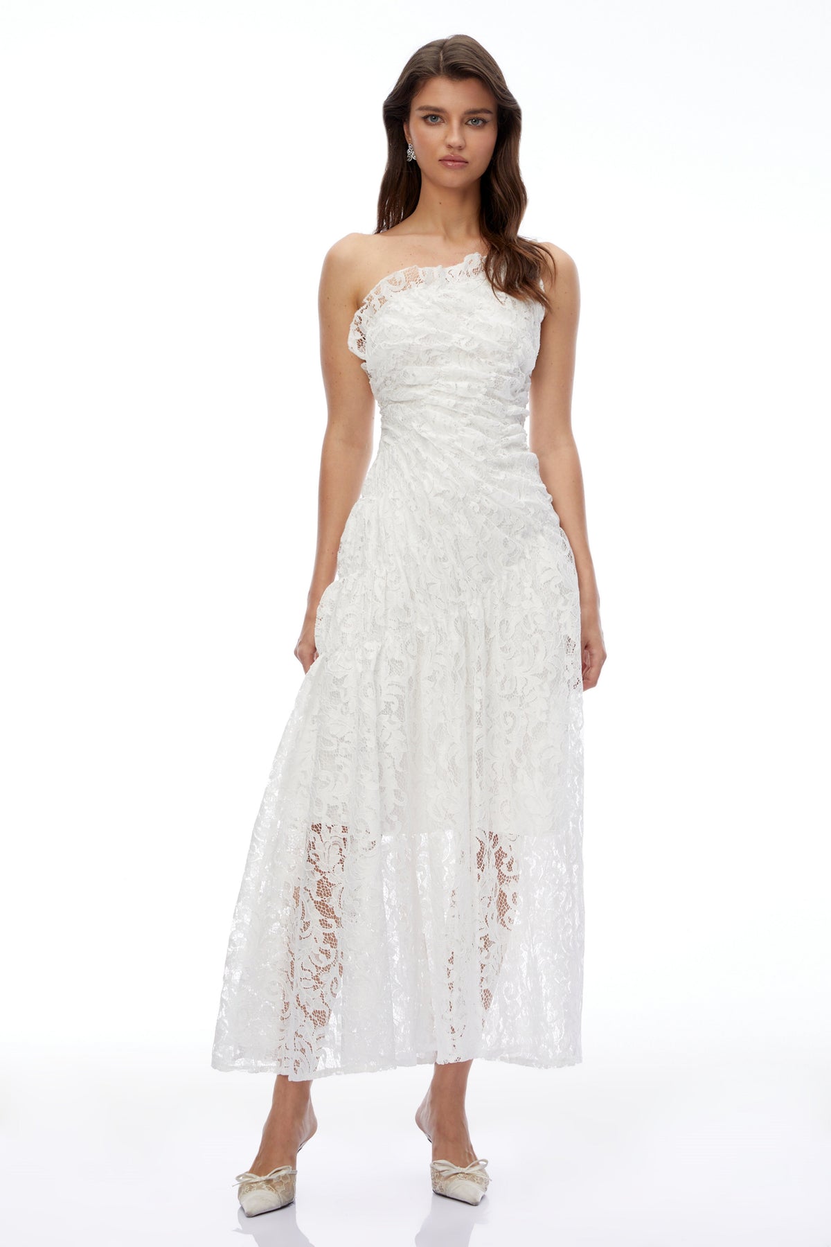Nathalie White Floral Lace Ruched Maxi Dress