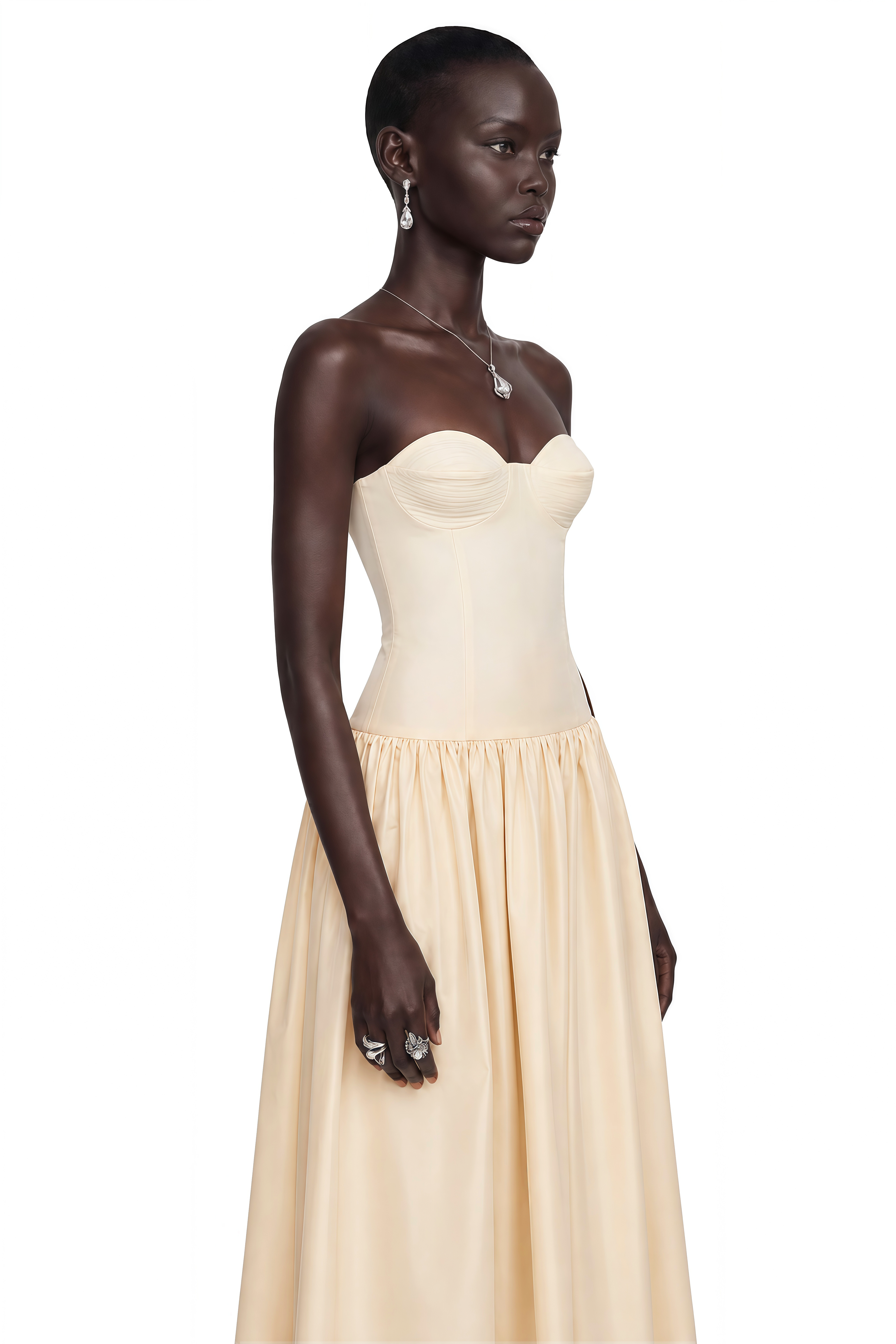 Nehir Cream Sweetheart Pleated Maxi Dress