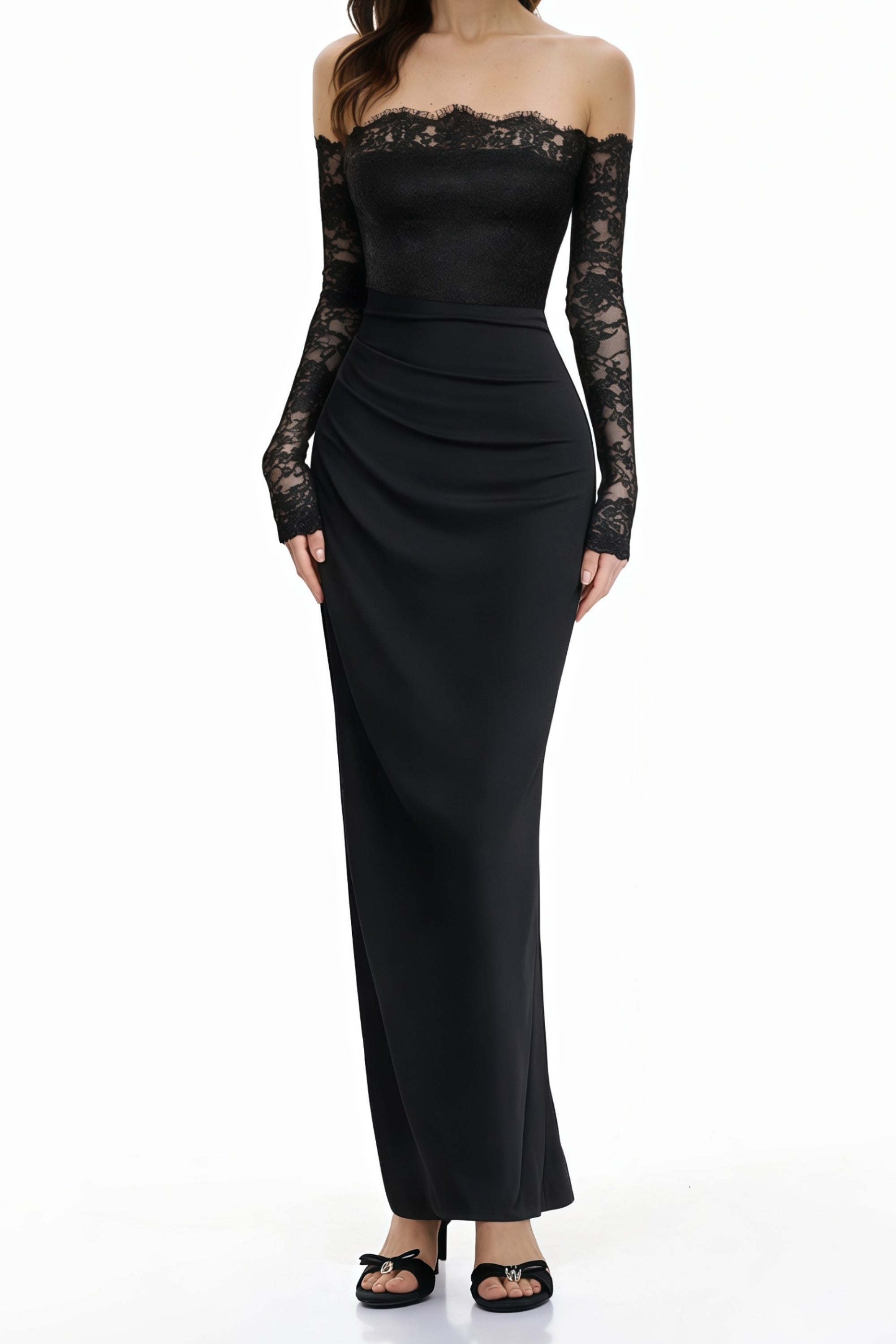 Nephele Black Off Shoulder Floral Lace Maxi Dress (Final Sale-US Only)