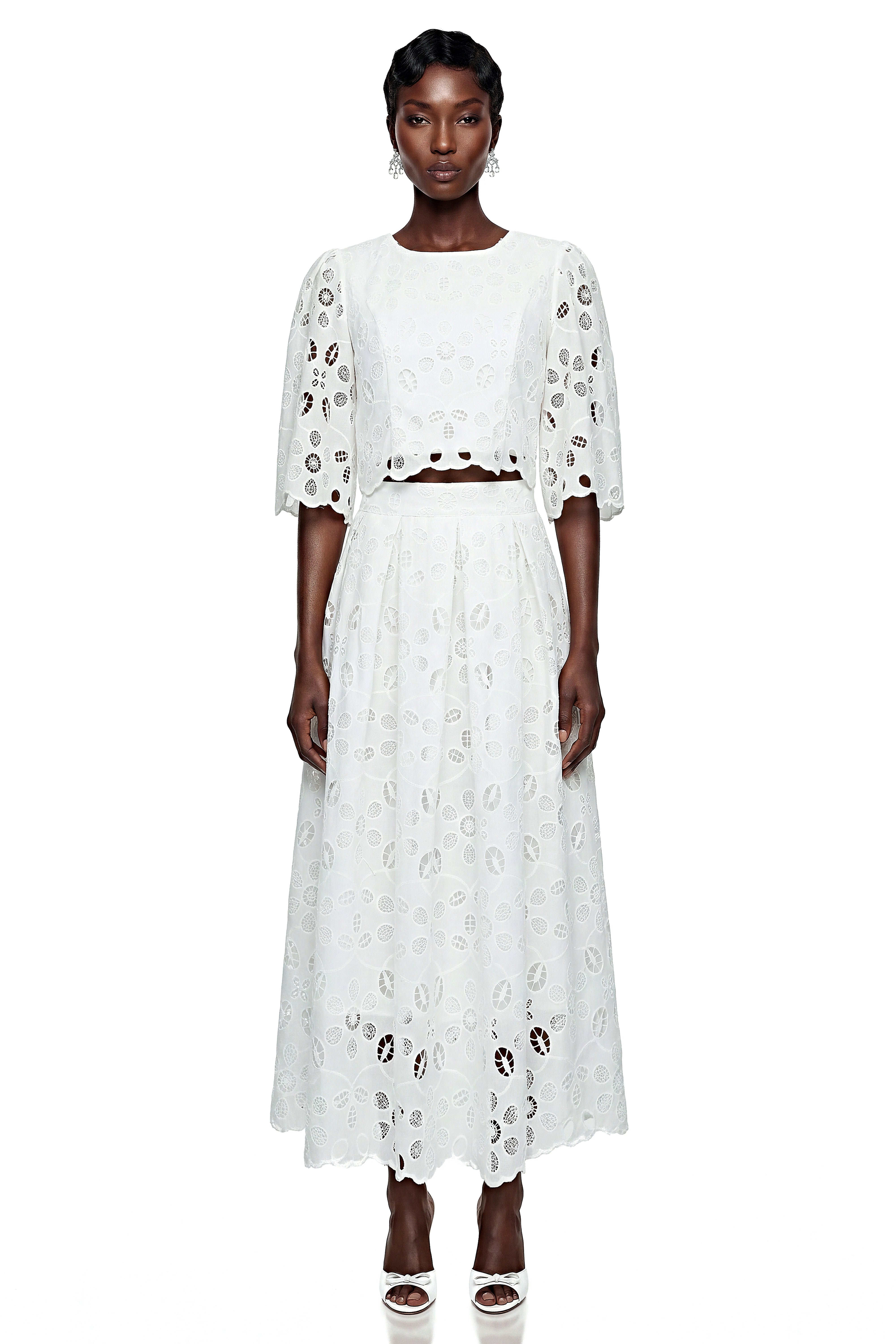 Nephthys White Floral Cut-Out Blouse & Skirt Set