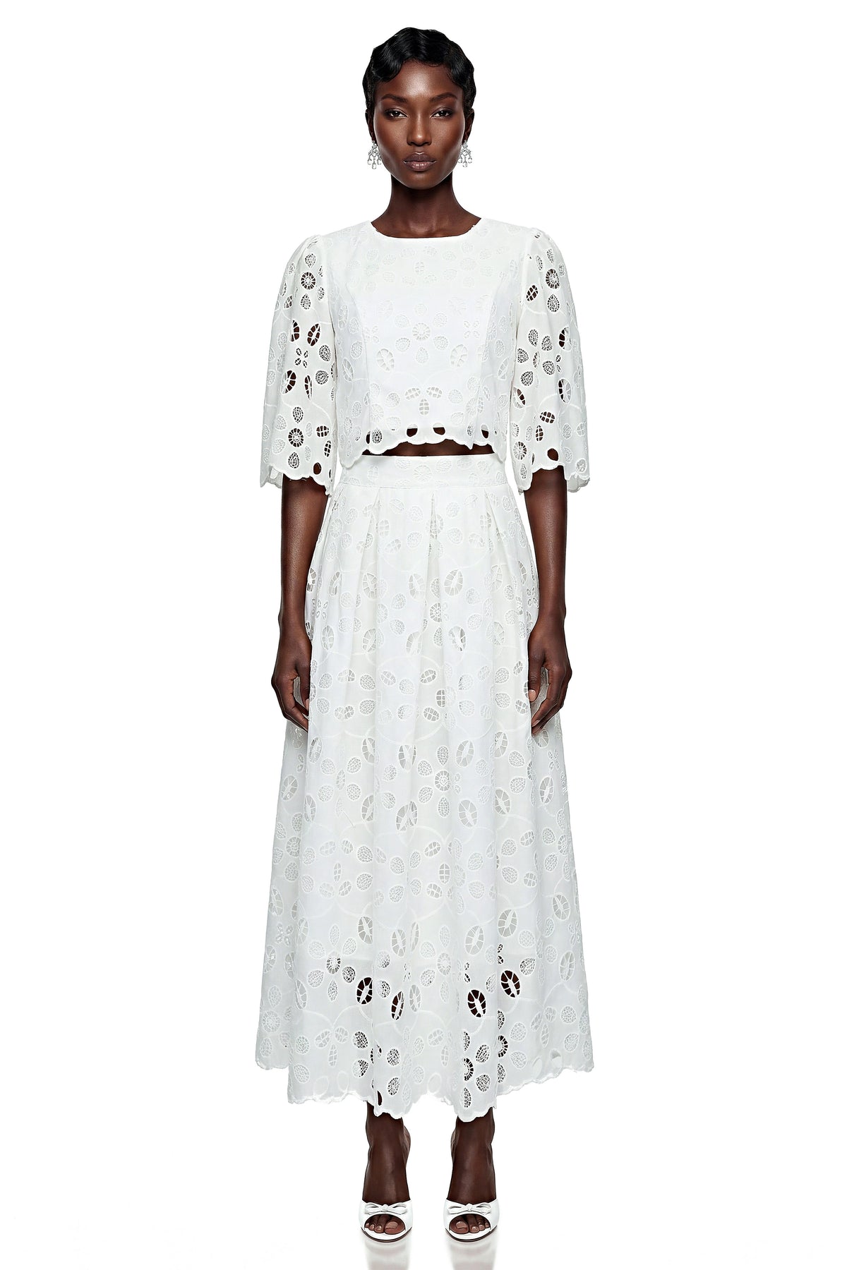 Nephthys White Floral Cut-Out Blouse & Skirt Set