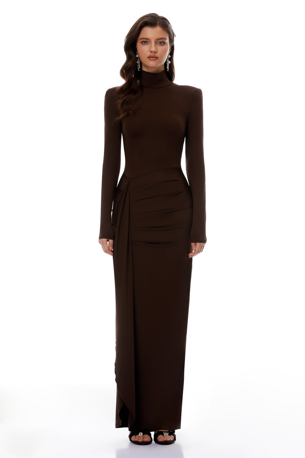 Neve Brown High Neck Twist Knot Maxi Dress
