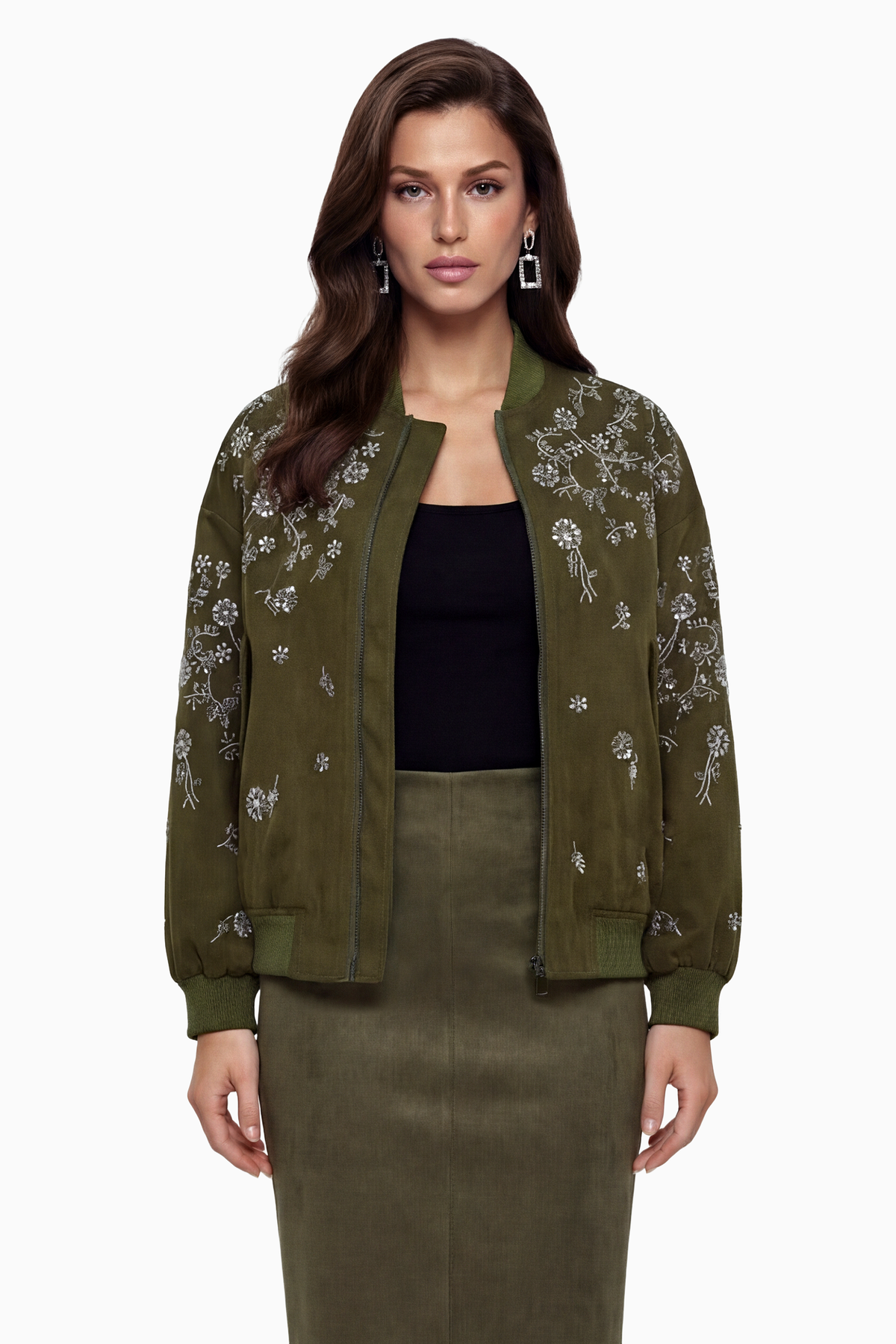Nicole Green Jacket with Floral Embroidered