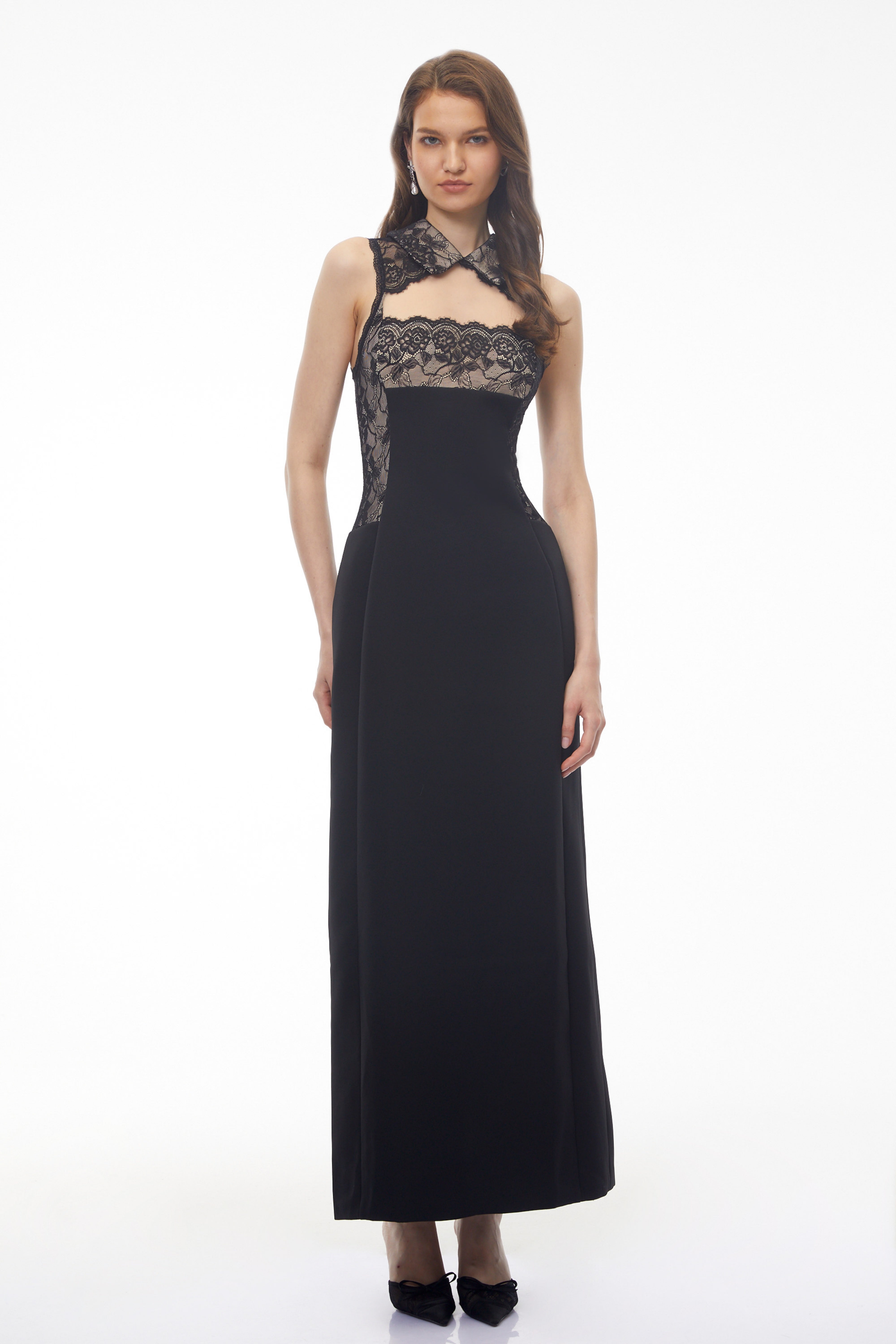 Nina Black Lace Maxi Dress with Cut-Outs