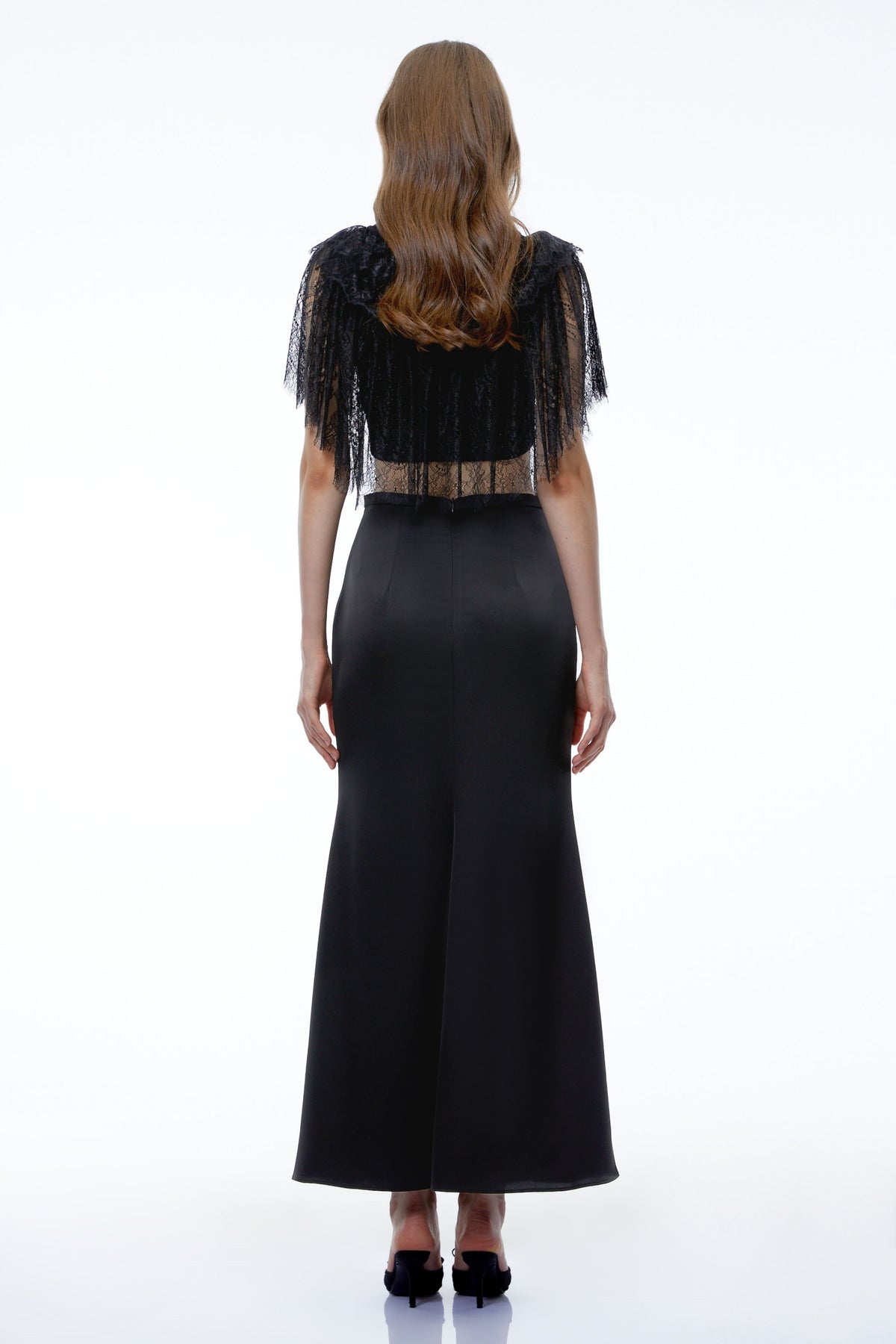 Niu Black Lace Ruffled Cape Top