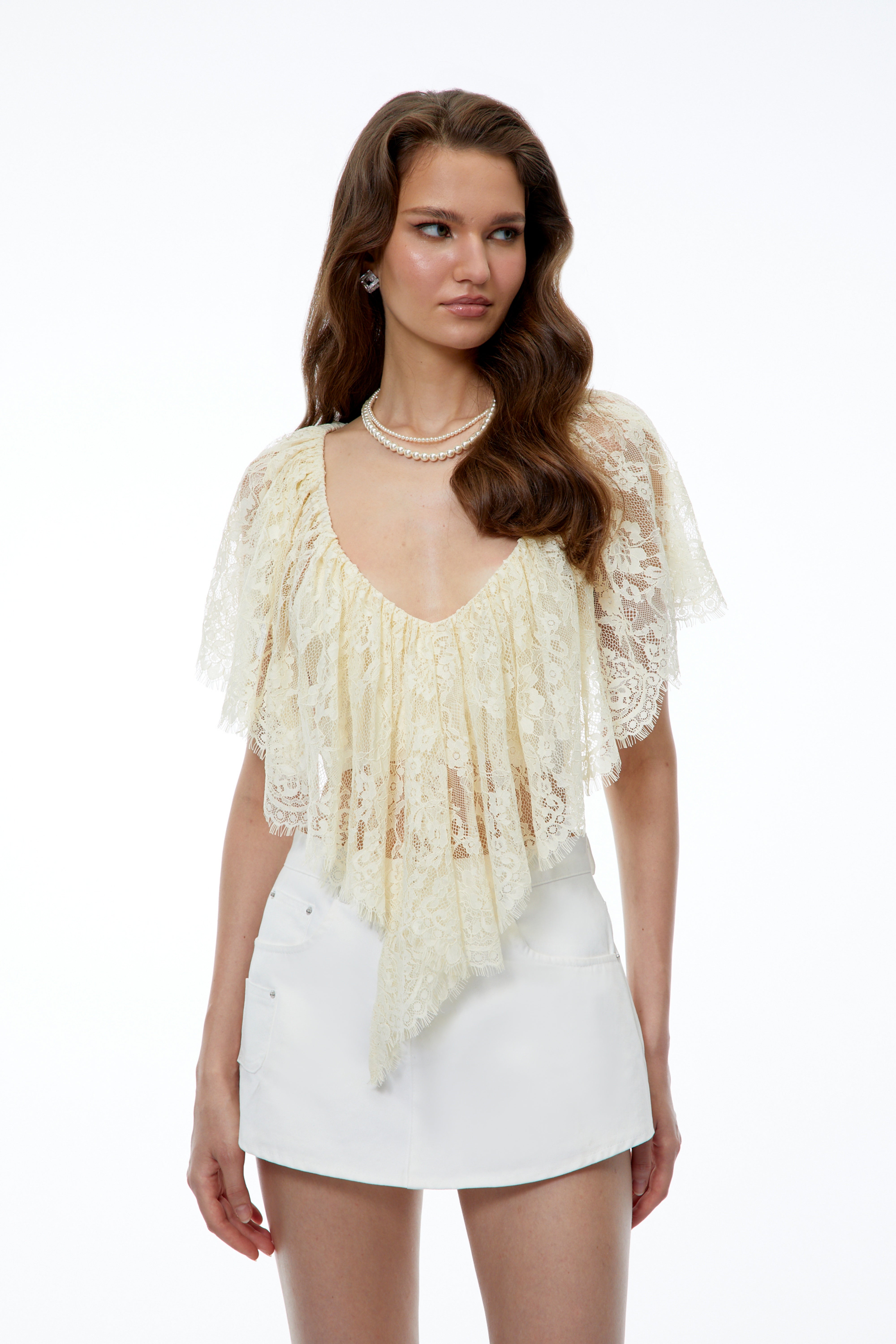 Niu Cream Lace Ruffled Cape Top