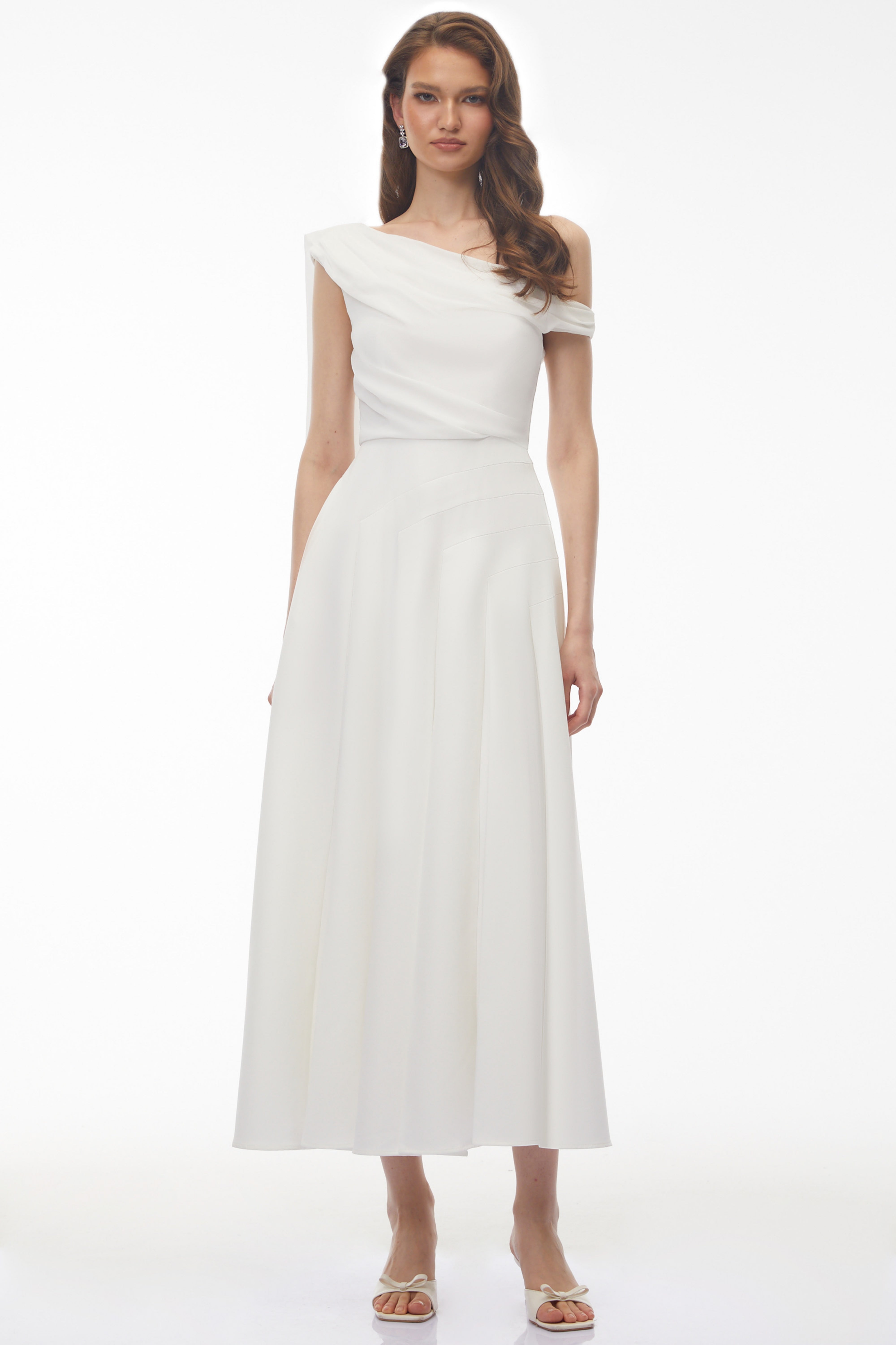 Noelle White Off Shoulder Asymmetrical Maxi Dress