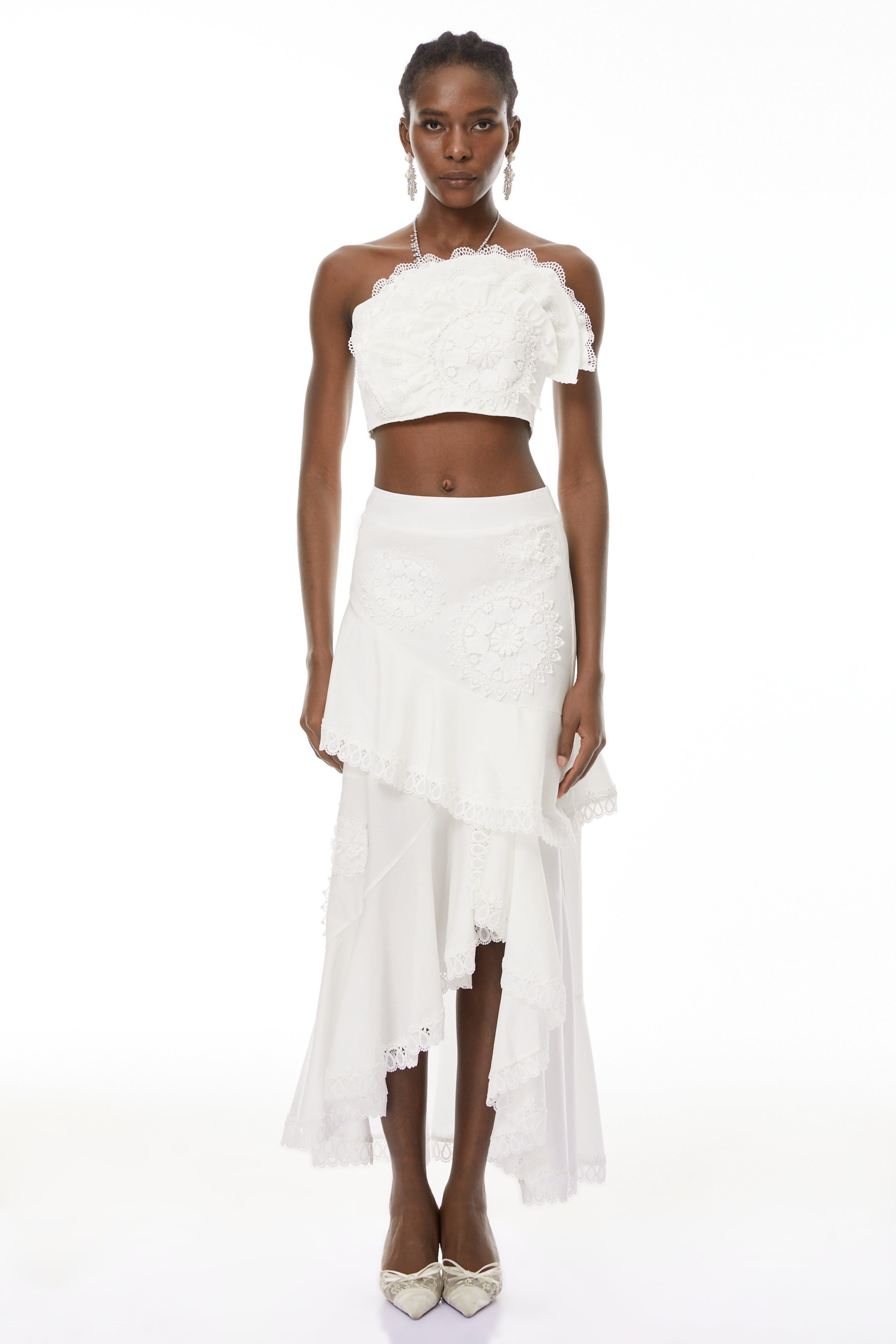 Nonhle White Floral Appliqué Top & Skirt Set