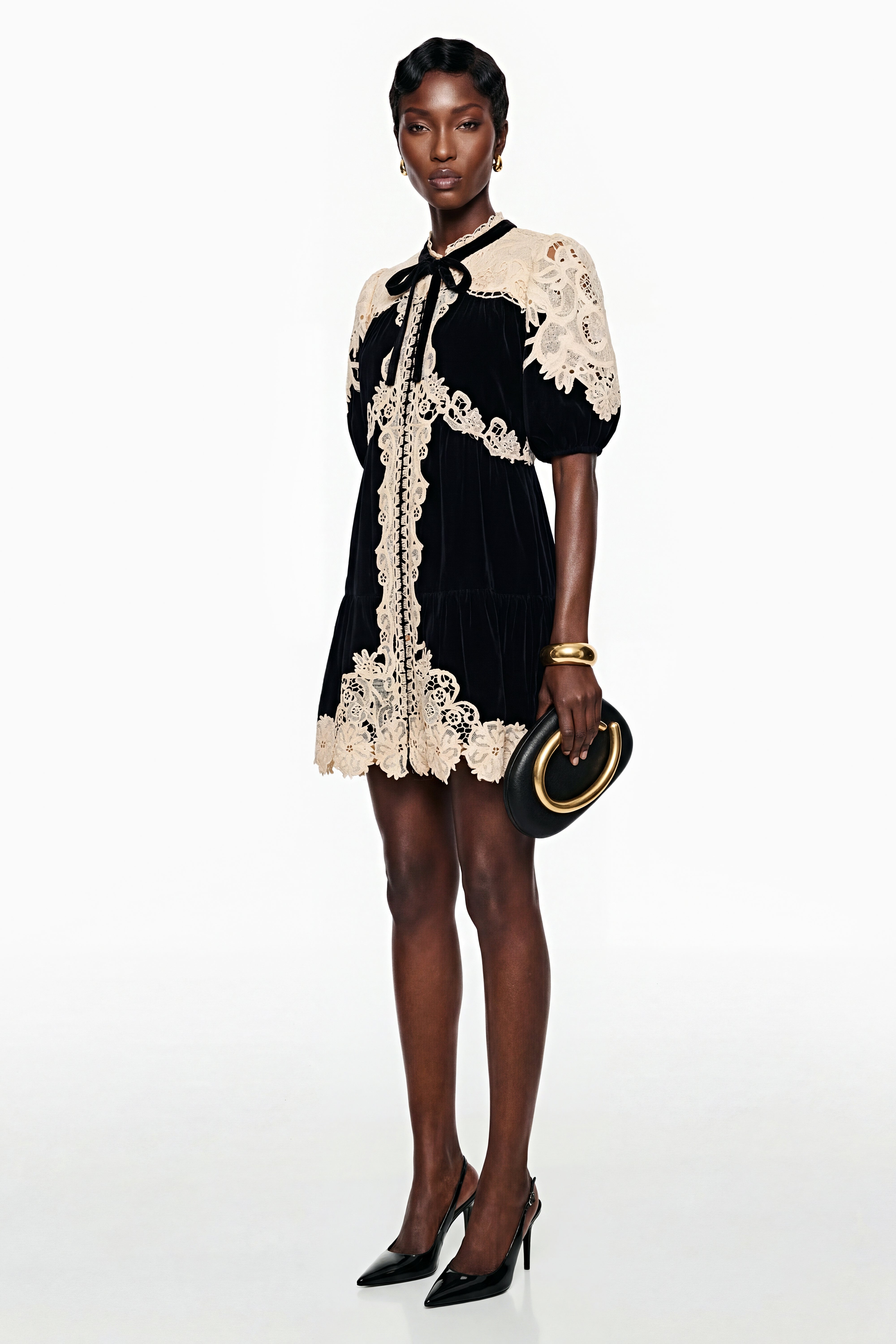 Nora Black Velvet Mini Dress with Lace Panels
