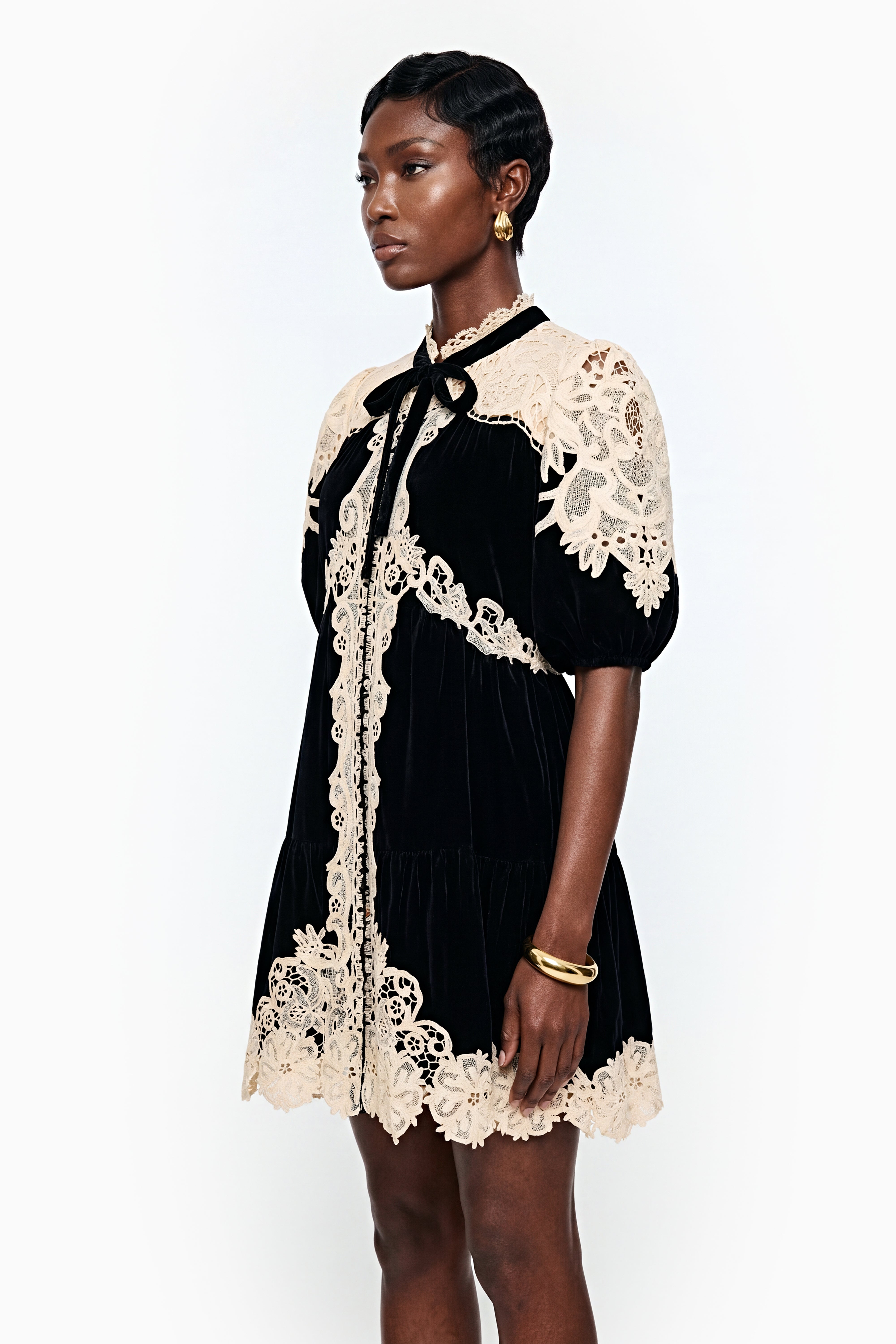 Nora Black Velvet Mini Dress with Lace Panels
