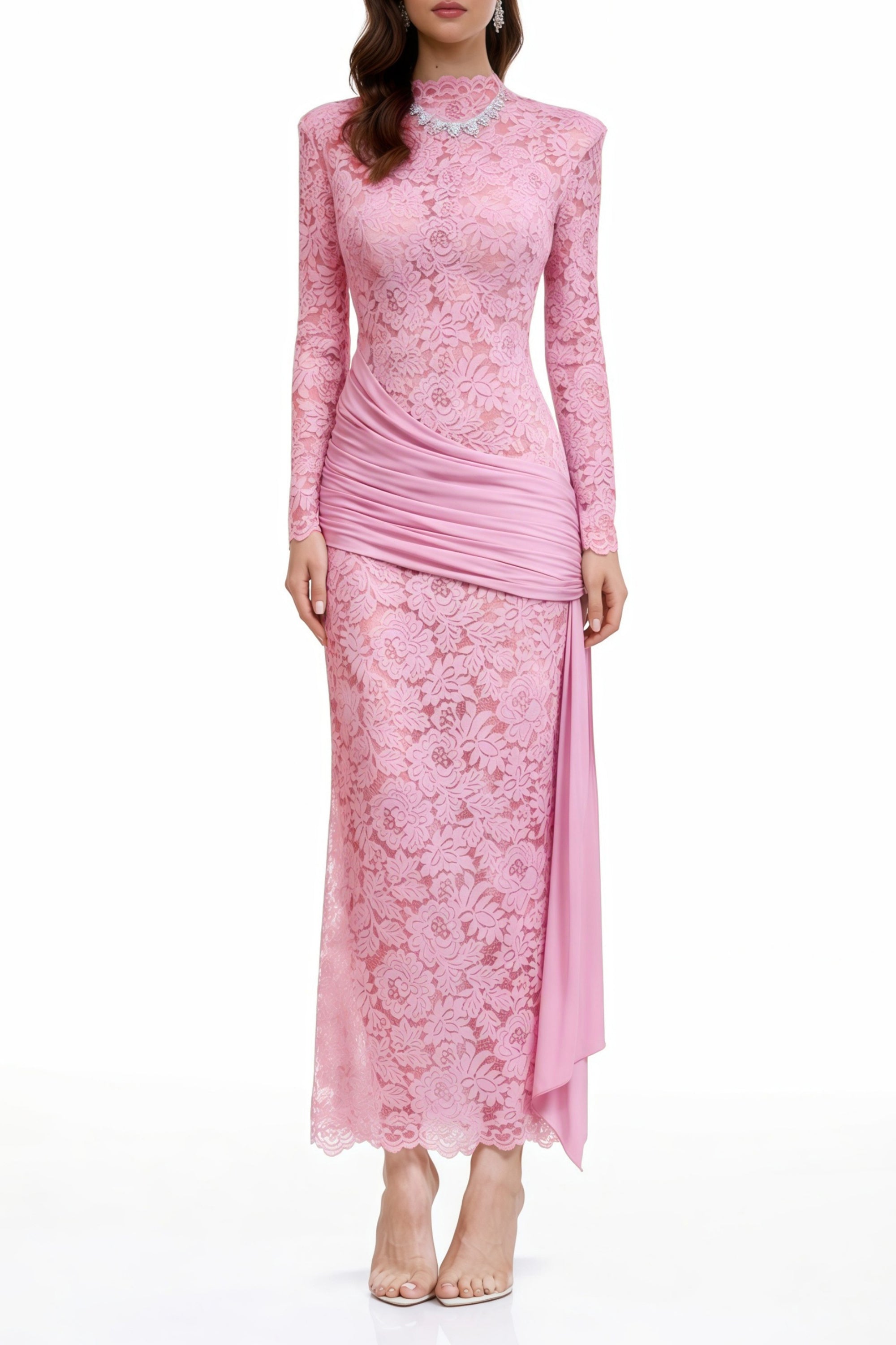 Nuria Pink Ribbon Detail Floral Lace Midi Dress (Final Sale-US Only)
