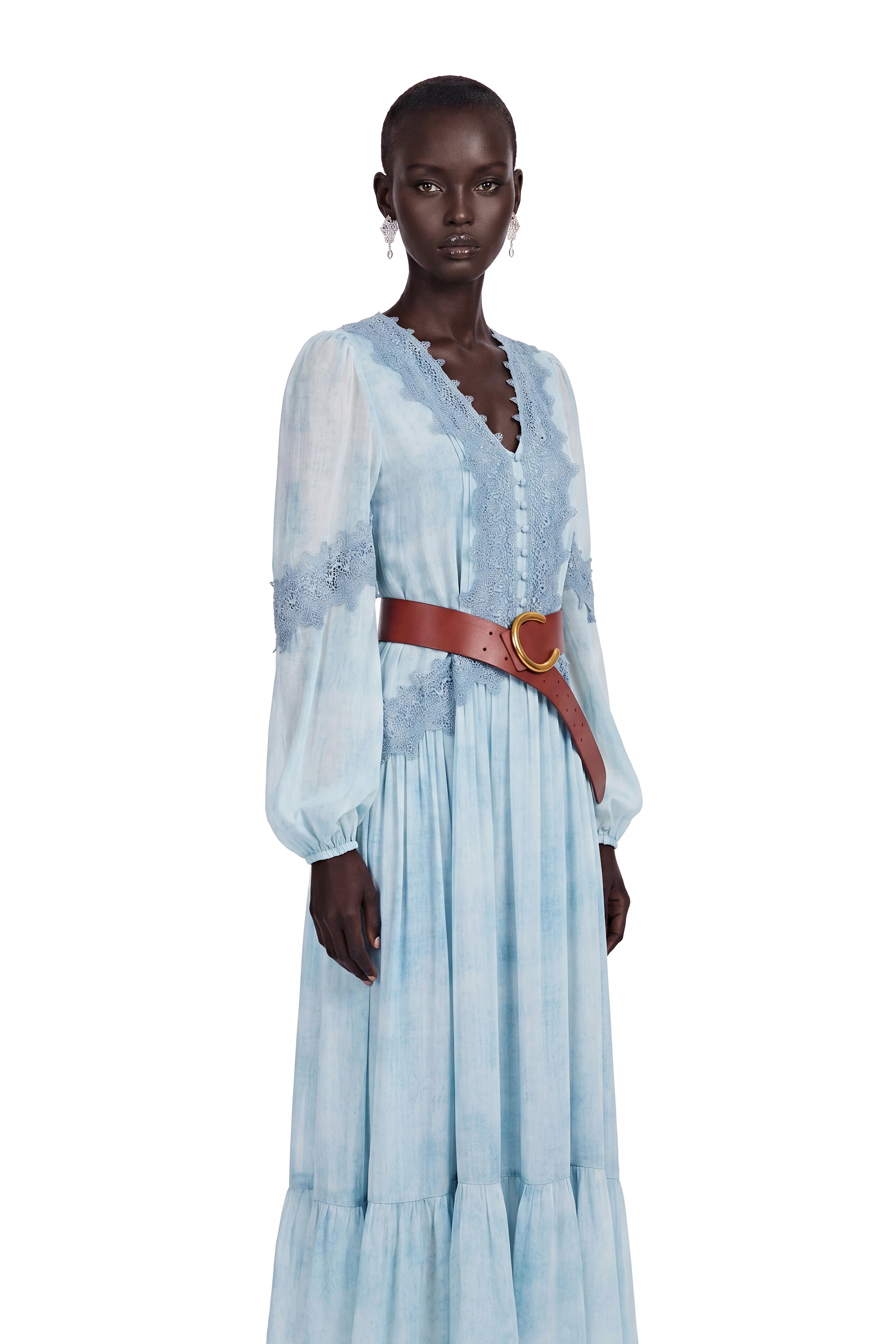 Nurit Blue Maxi Dress with Lace Panels