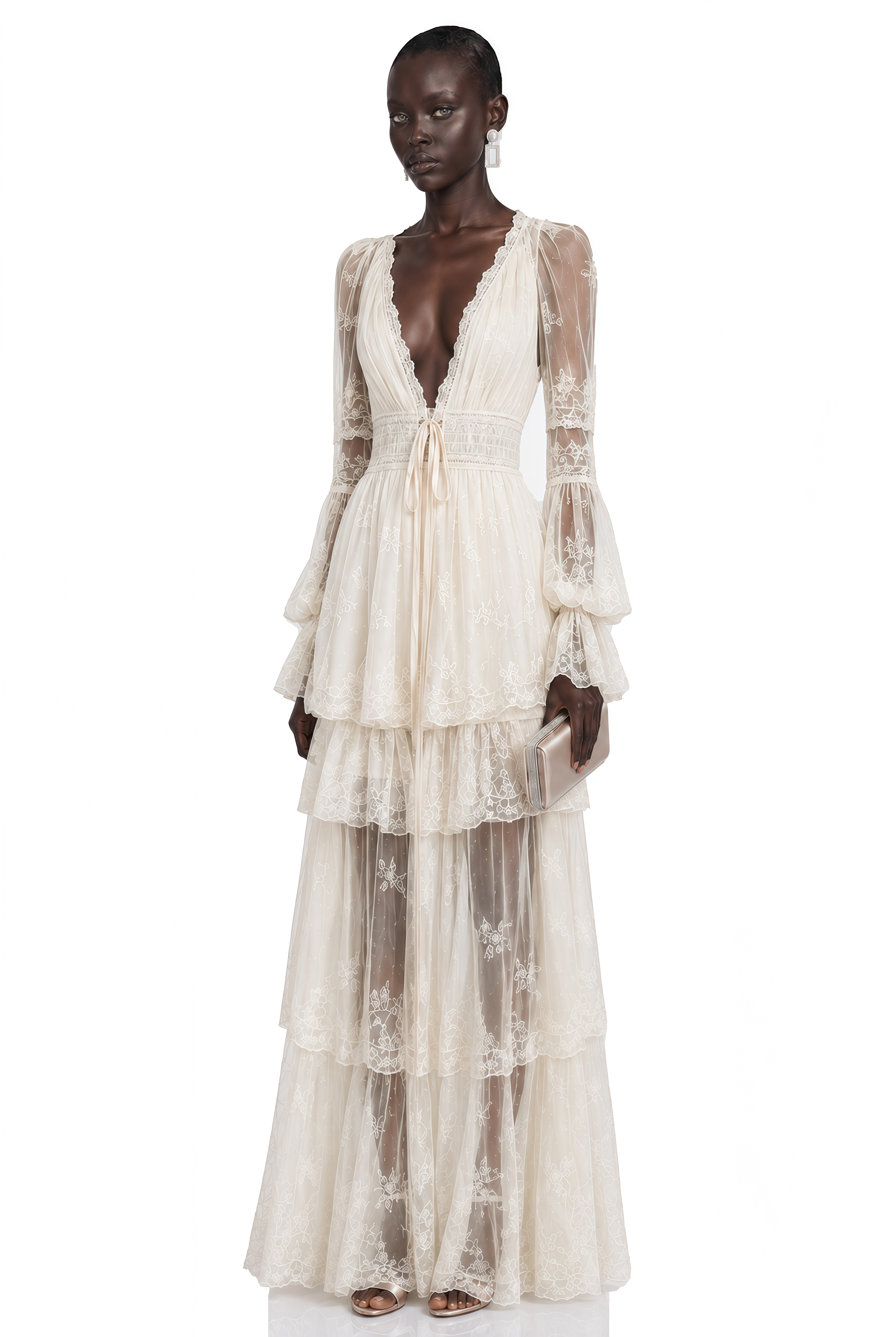 Ocean Cream Lace Ruffled Maxi Dress