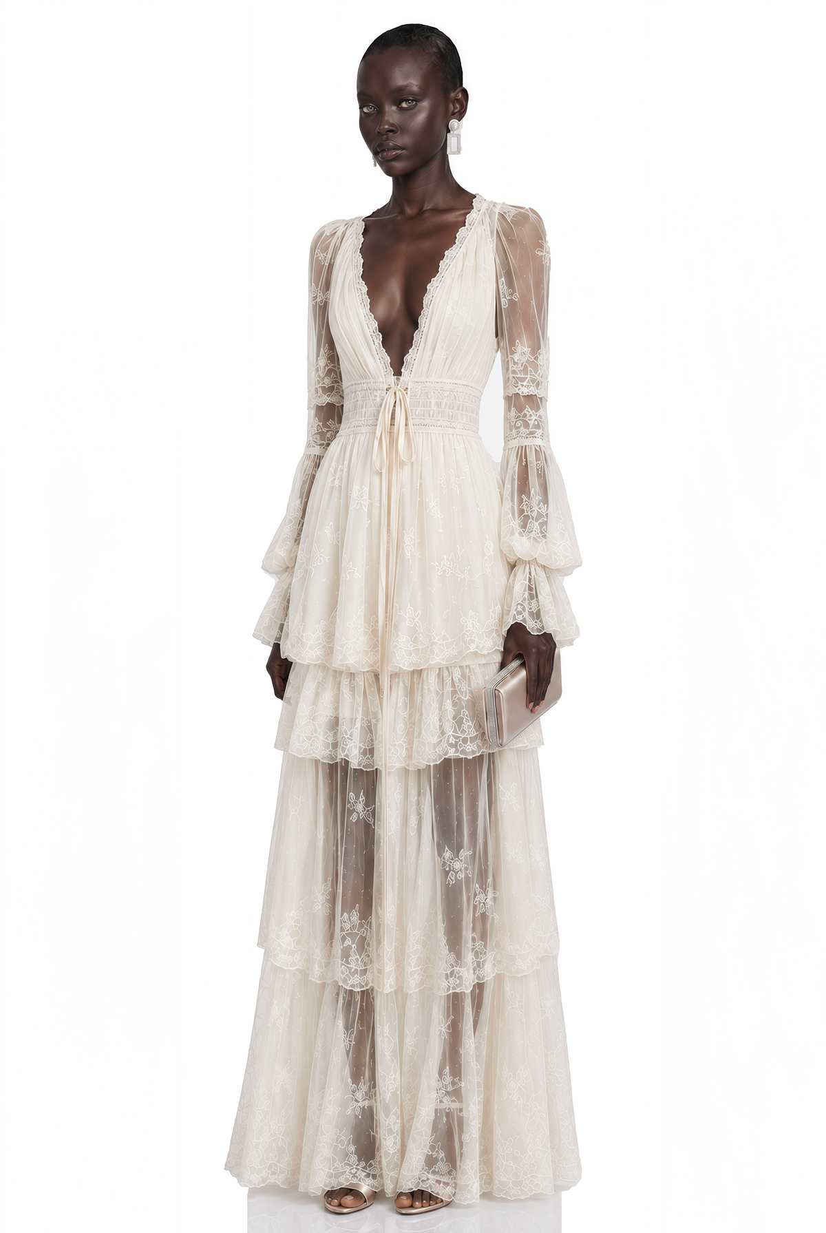 Ocean Cream Lace Ruffled Maxi Dress