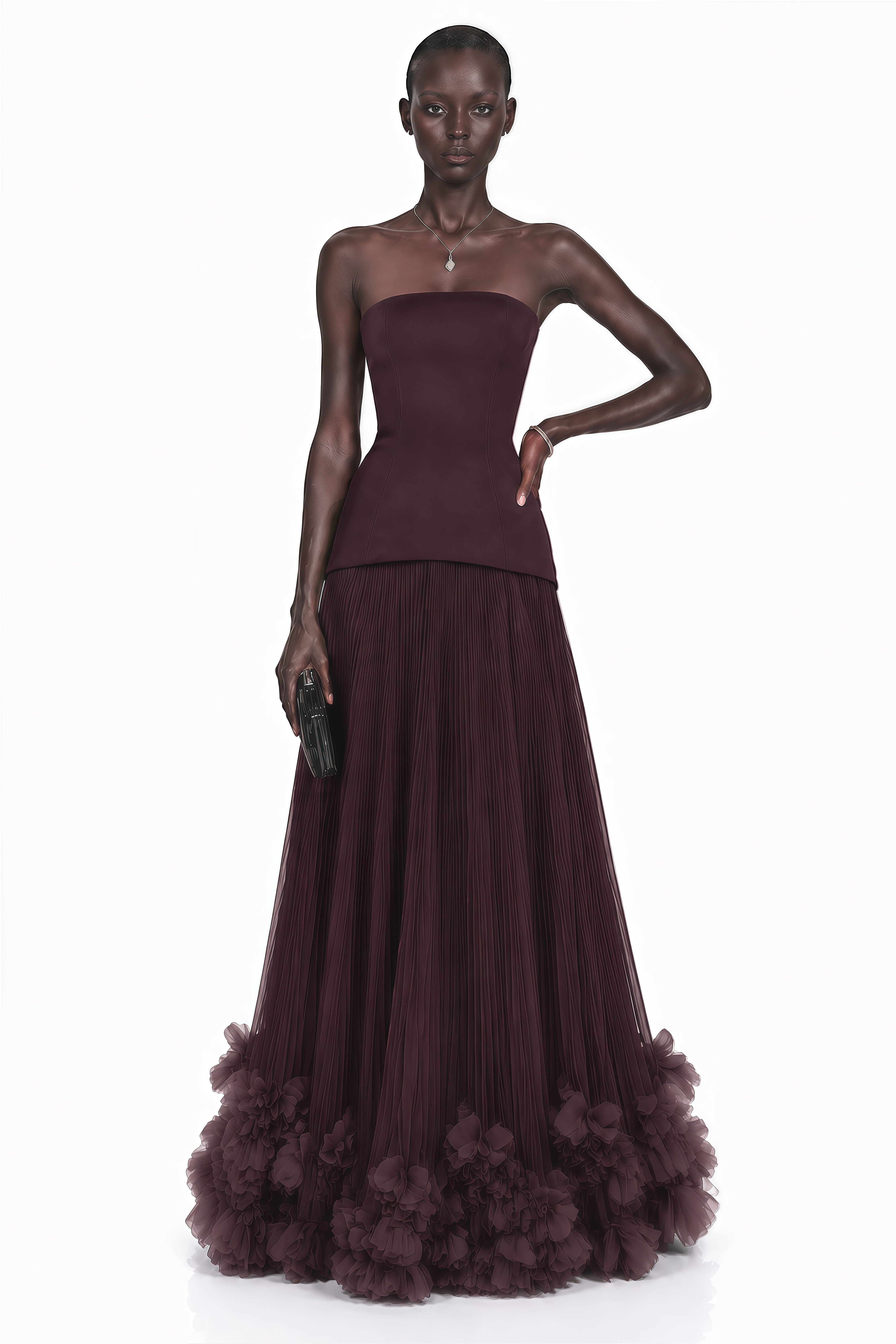 Océane Brown Off Shoulder Pleated Maxi Dress with 3D Florals