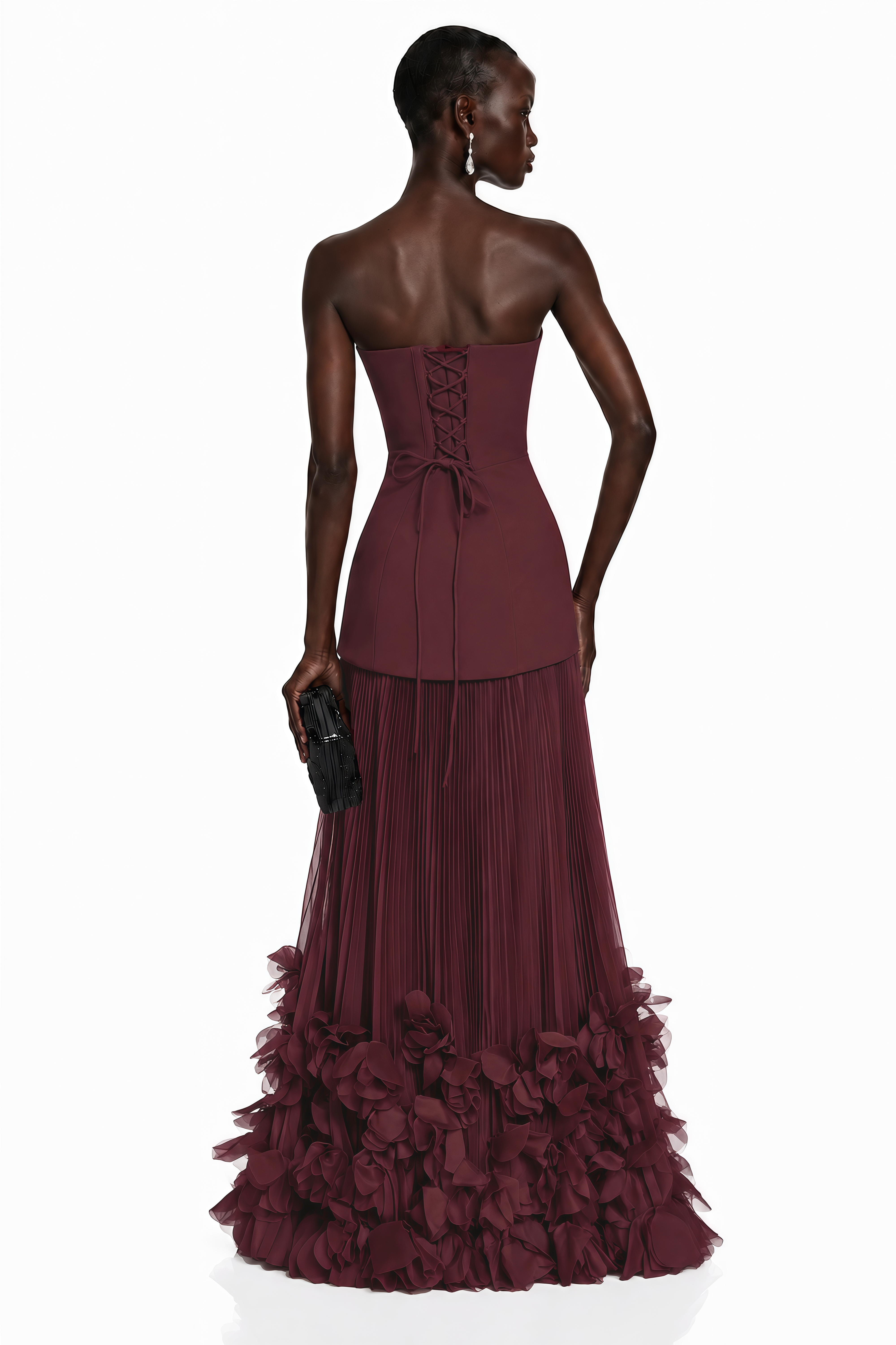 Océane Burgundy Off Shoulder Pleated Maxi Dress with 3D Florals