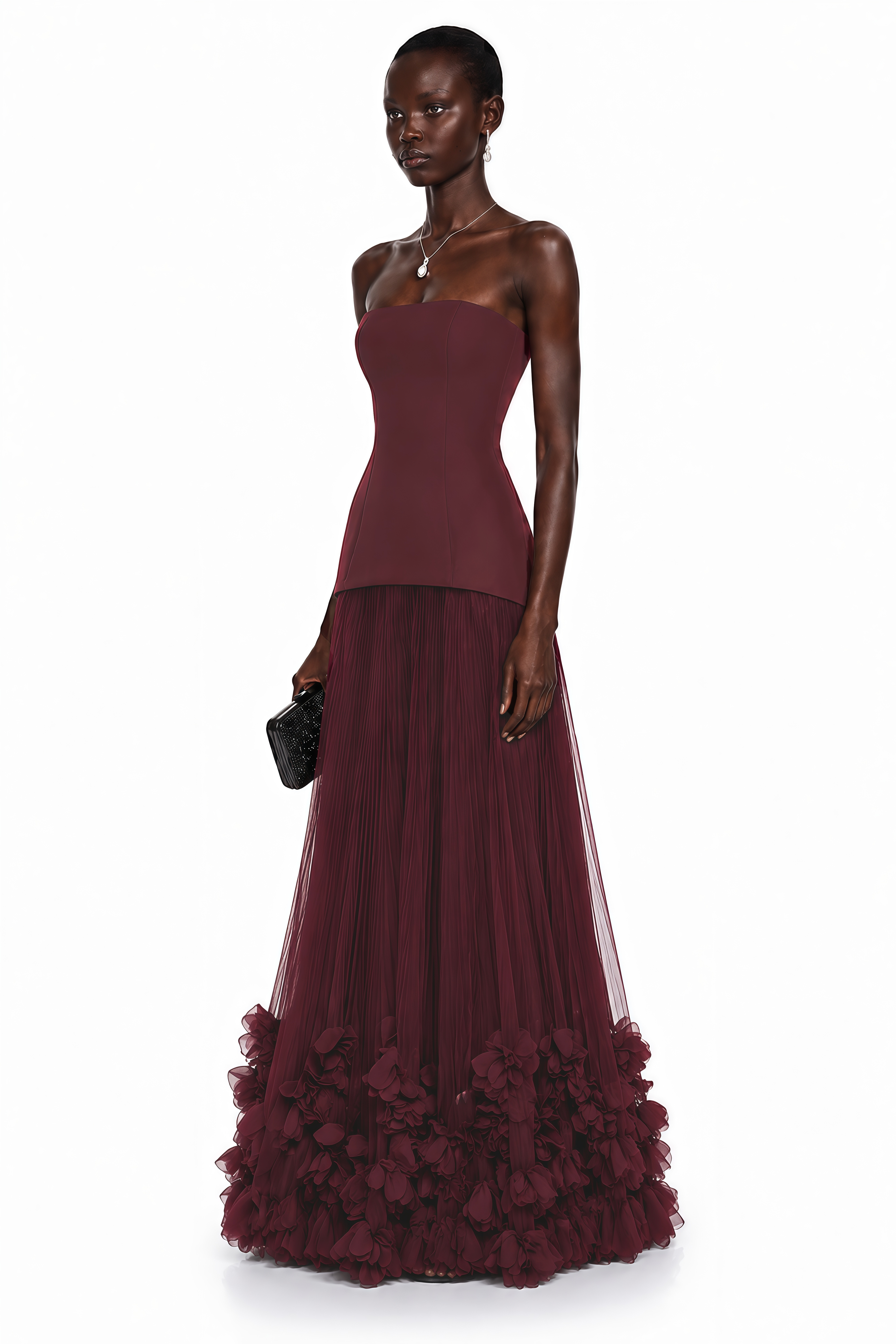 Océane Burgundy Off Shoulder Pleated Maxi Dress with 3D Florals