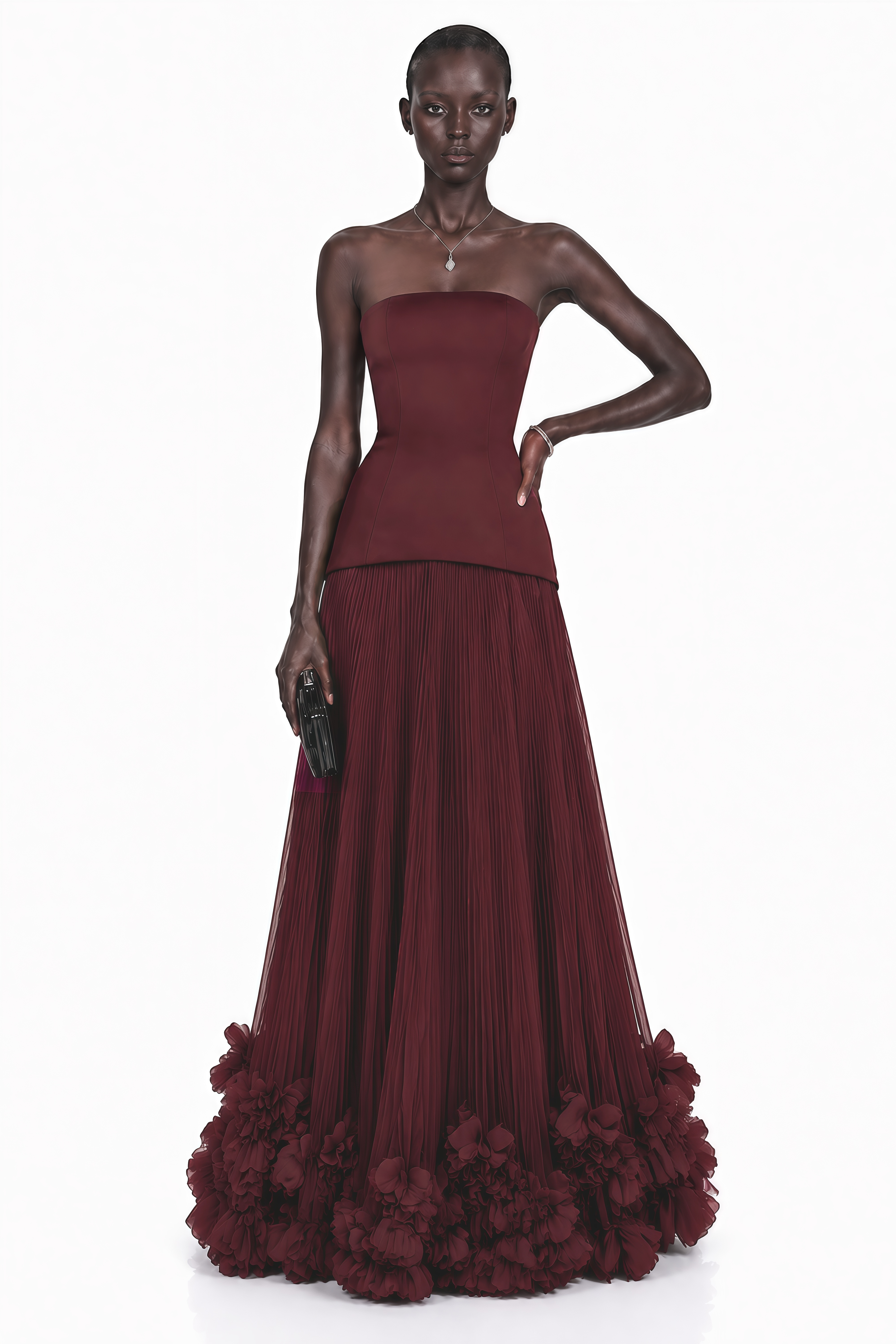 Océane Burgundy Off Shoulder Pleated Maxi Dress with 3D Florals