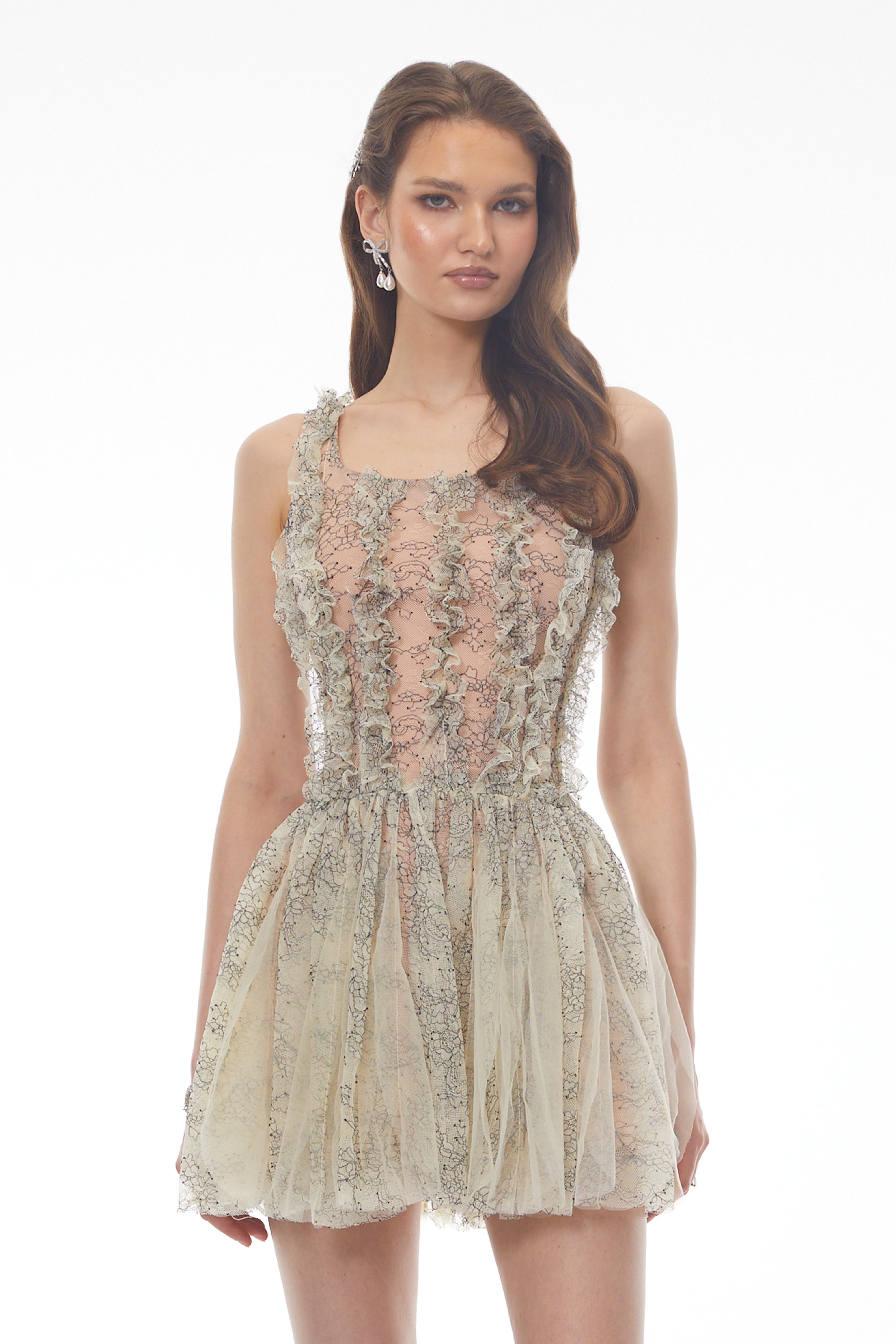 Octavia Green Ruched Mini Dress with Mesh Panels