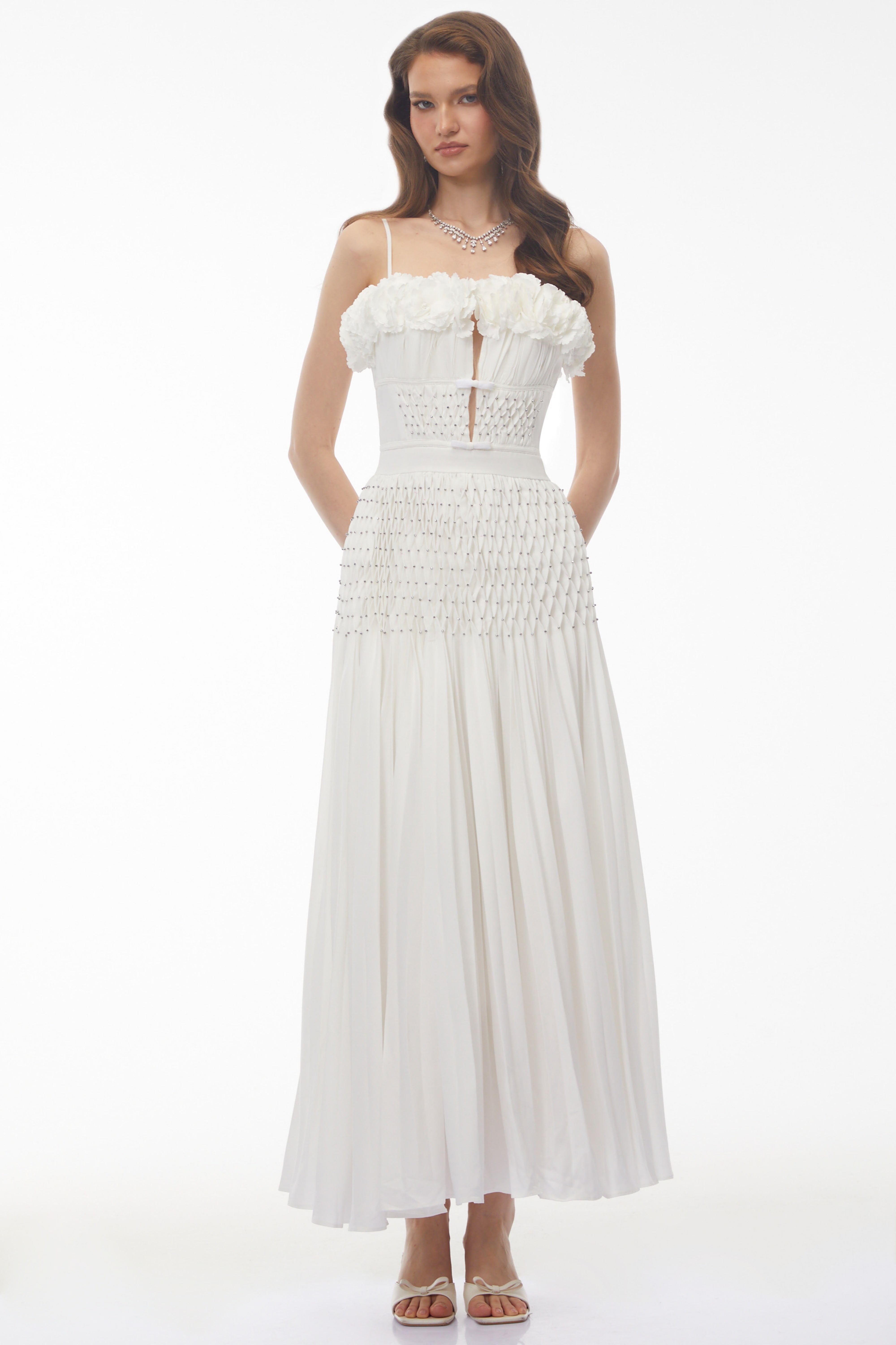 Octavia White Pleated Maxi Dress with 3D Floral