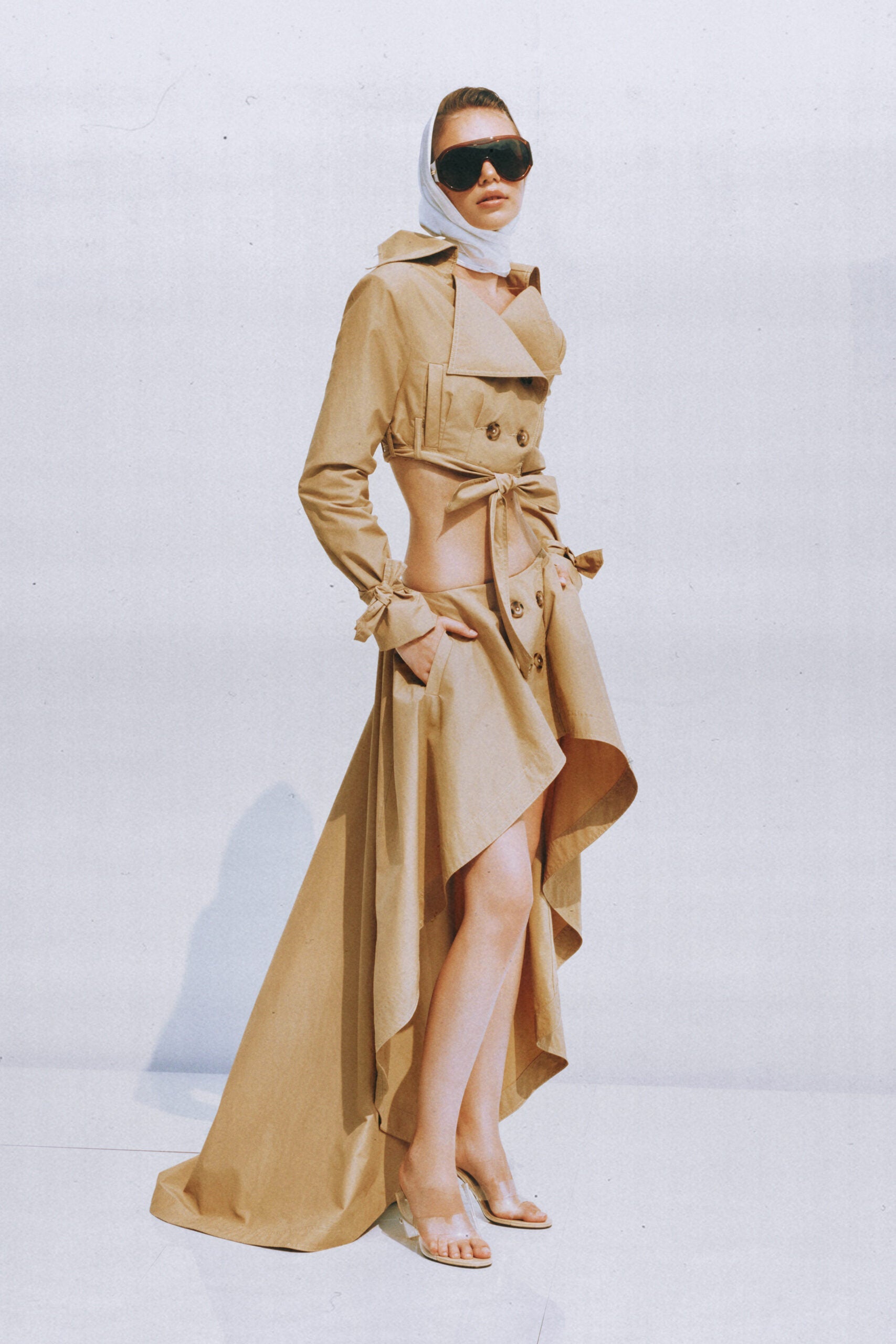 Maelle Khaki Cropped Trench Jacket & Skirt Matching Set