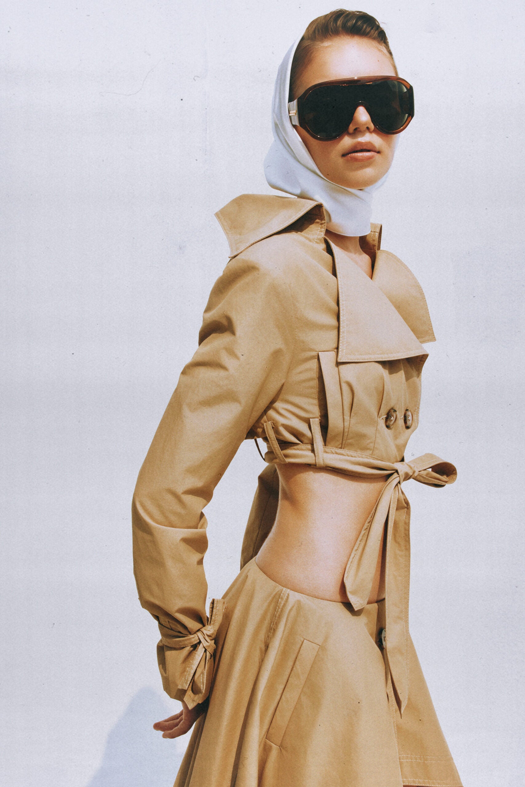 Maelle Khaki Cropped Trench Jacket & Skirt Matching Set