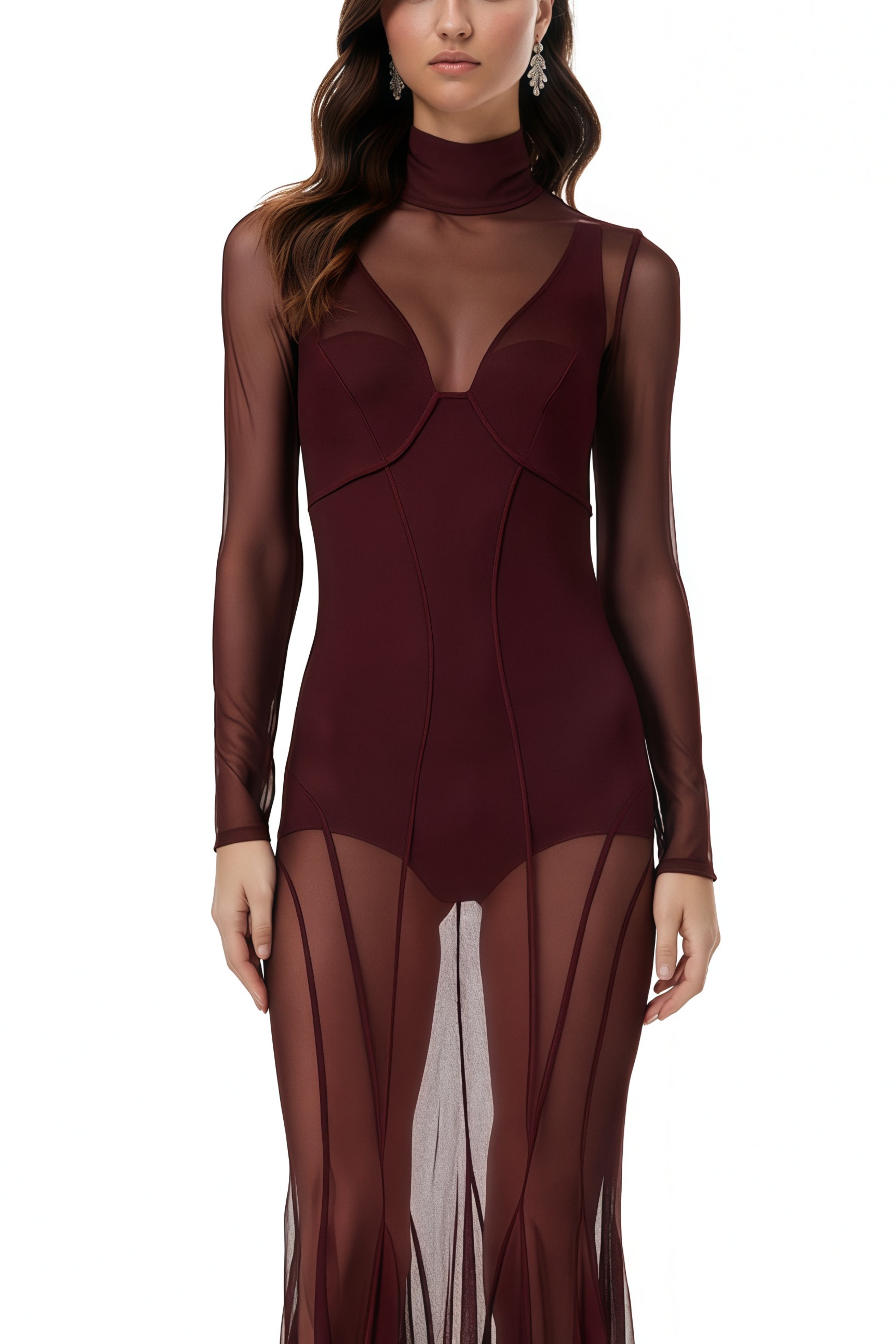 Ofra Burgundy Mesh Bodysuit & Dress Set