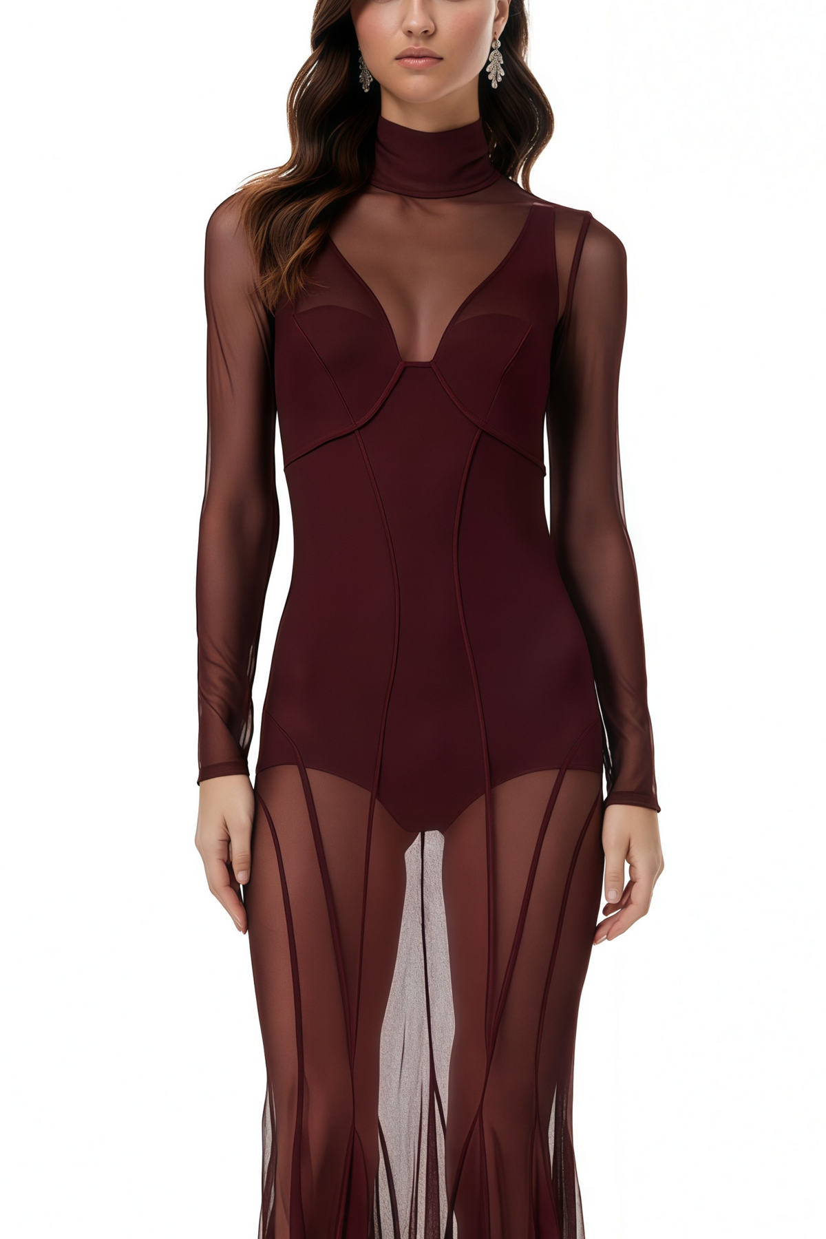 Ofra Burgundy Mesh Bodysuit & Dress Set