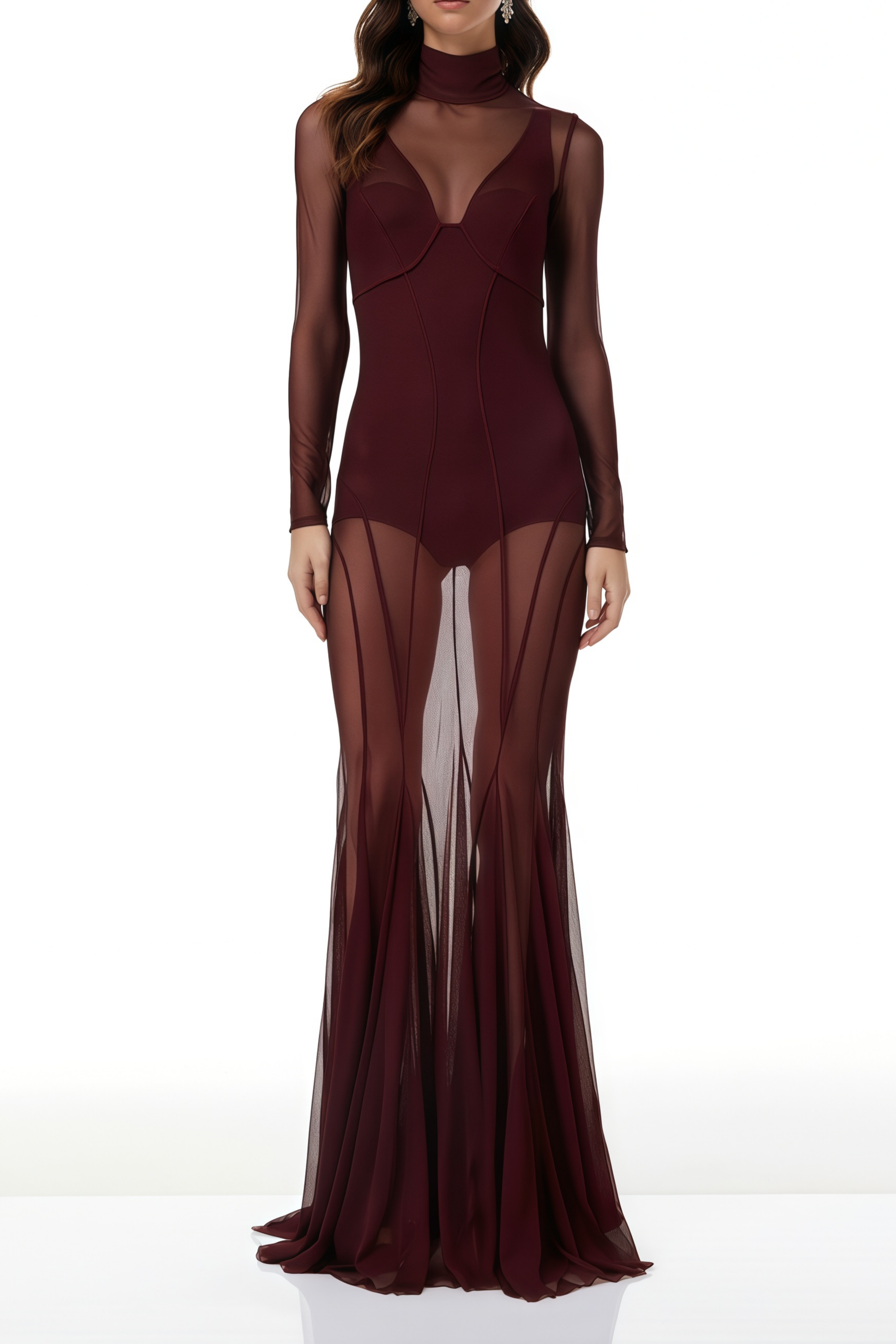 Ofra Burgundy Mesh Bodysuit & Dress Set