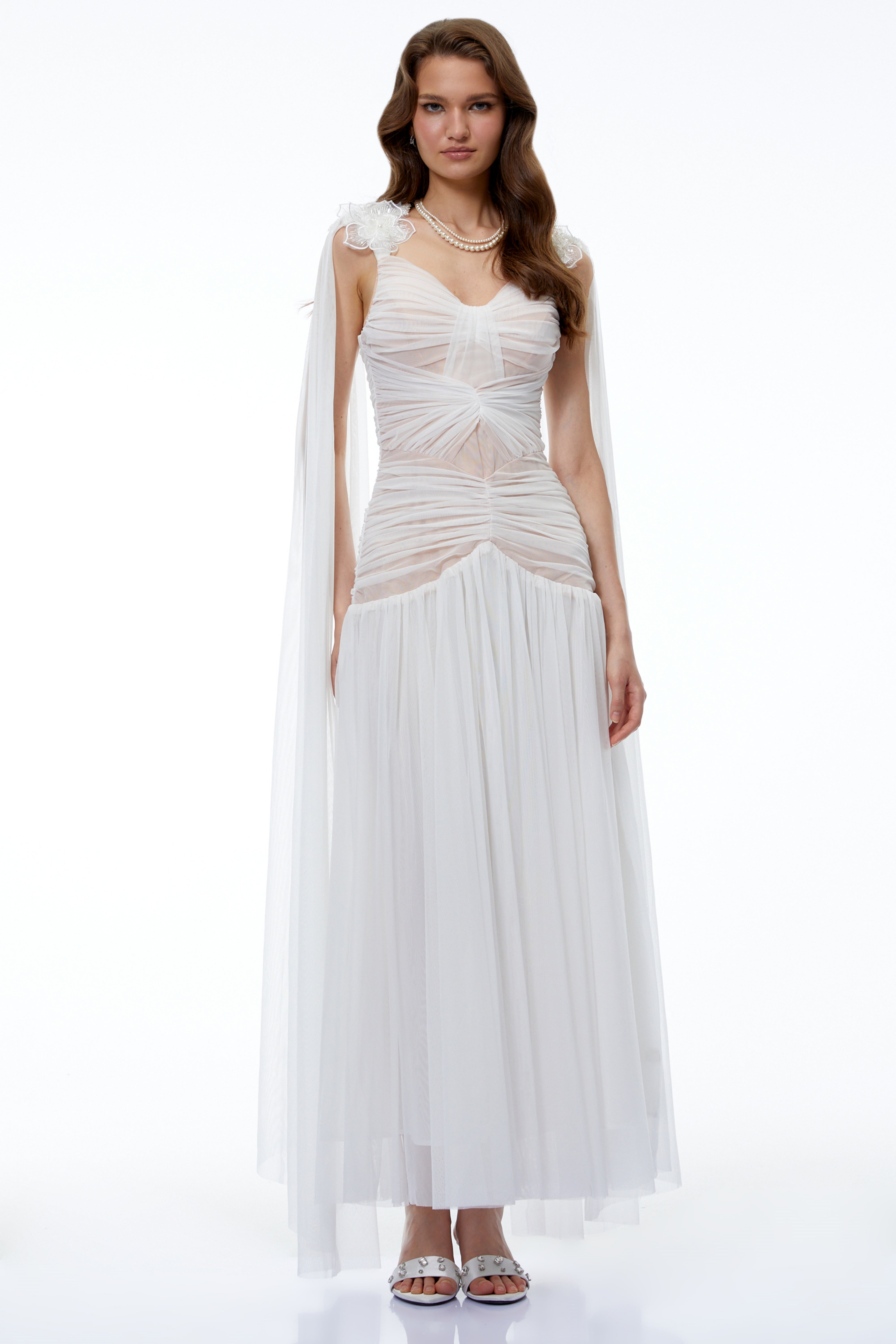 Oksana White Ruched Maxi Dress with Cape and 3D Florals