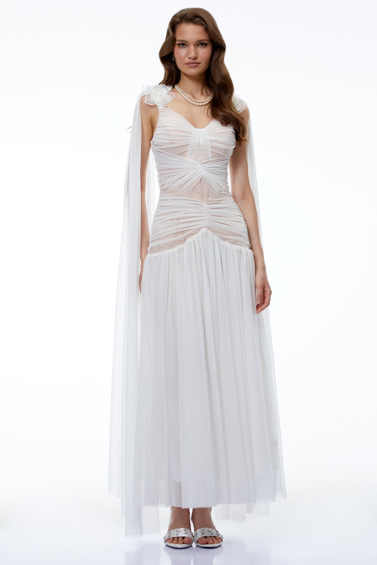 Oksana White Ruched Maxi Dress with Cape and 3D Florals