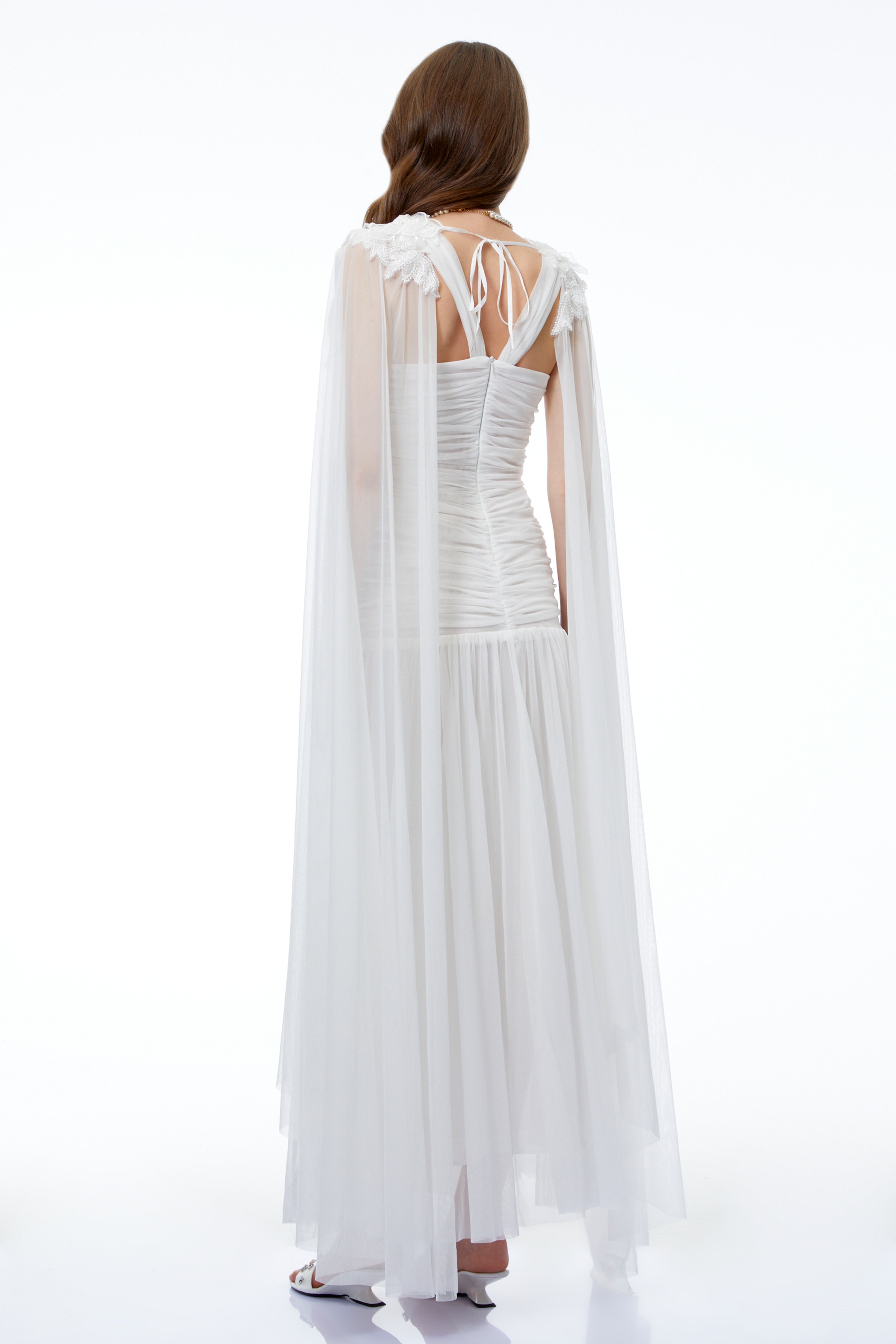 Oksana White Ruched Maxi Dress with Cape and 3D Florals