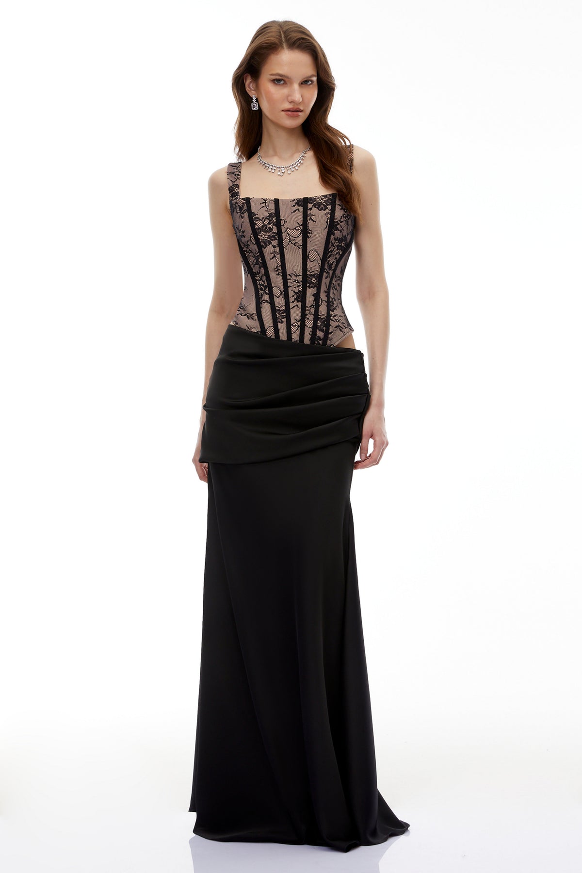 Olesya Black Lace Top & Ruched Skirt Set