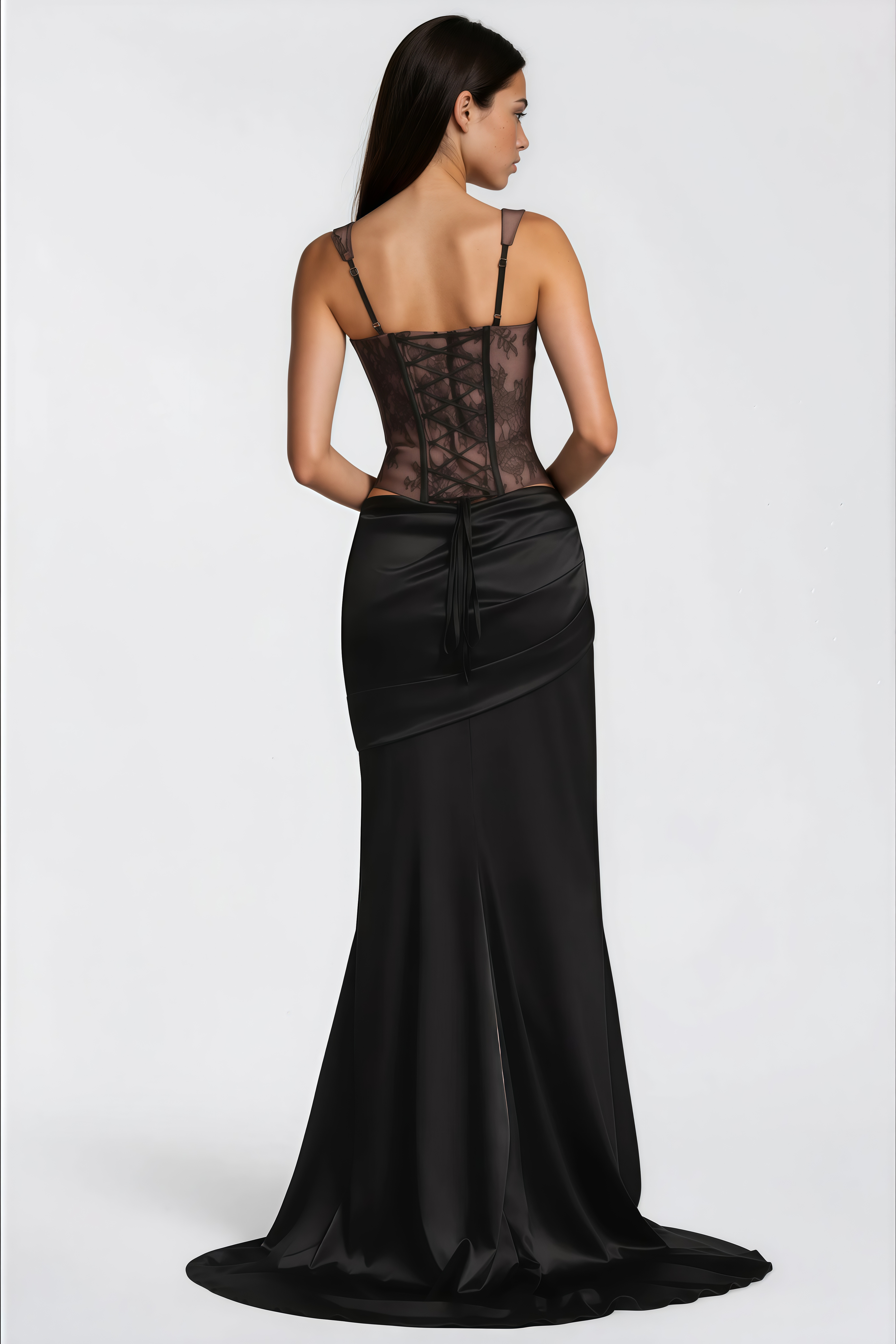 Olesya Black Lace Top & Ruched Skirt Set