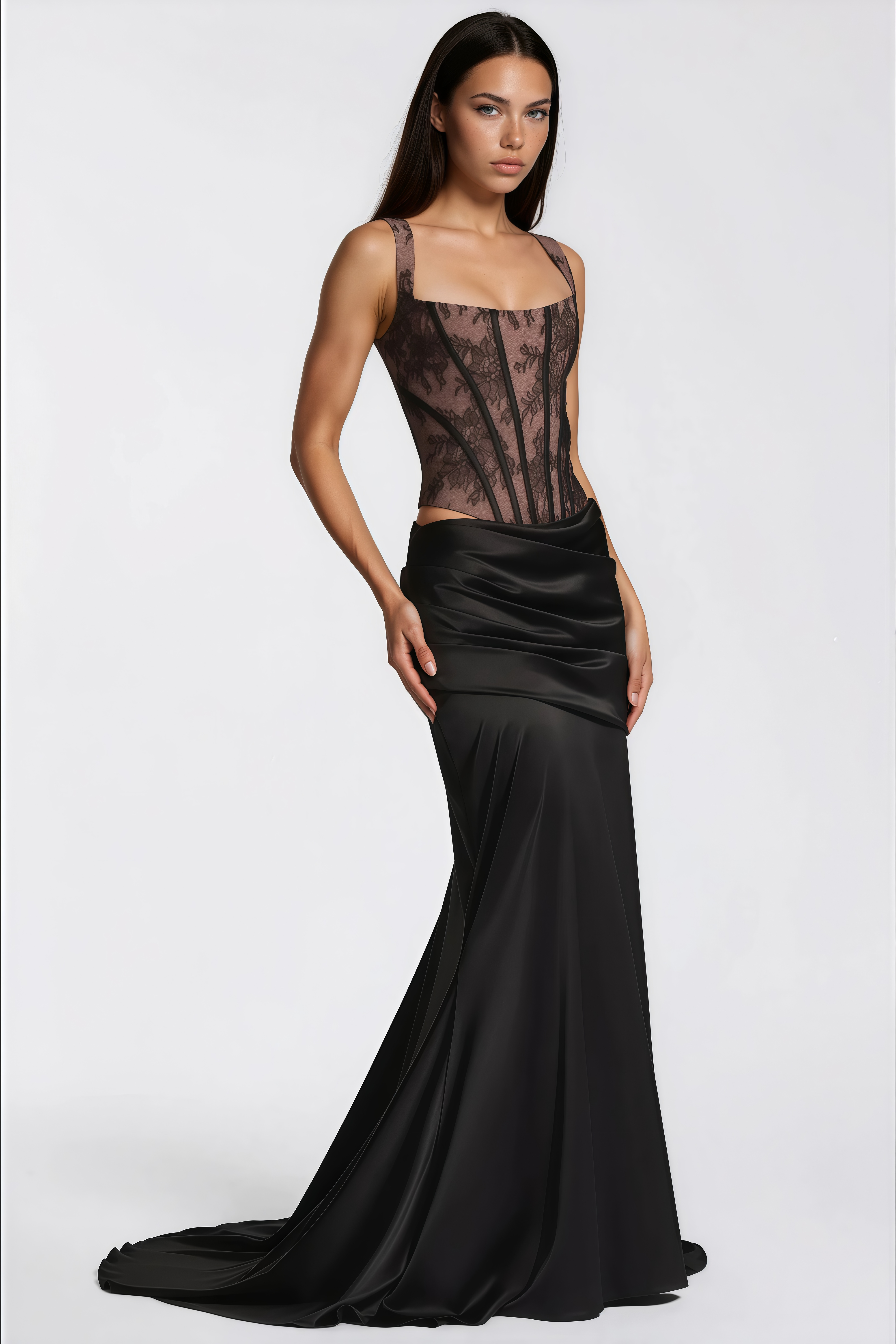 Olesya Black Lace Top & Ruched Skirt Set