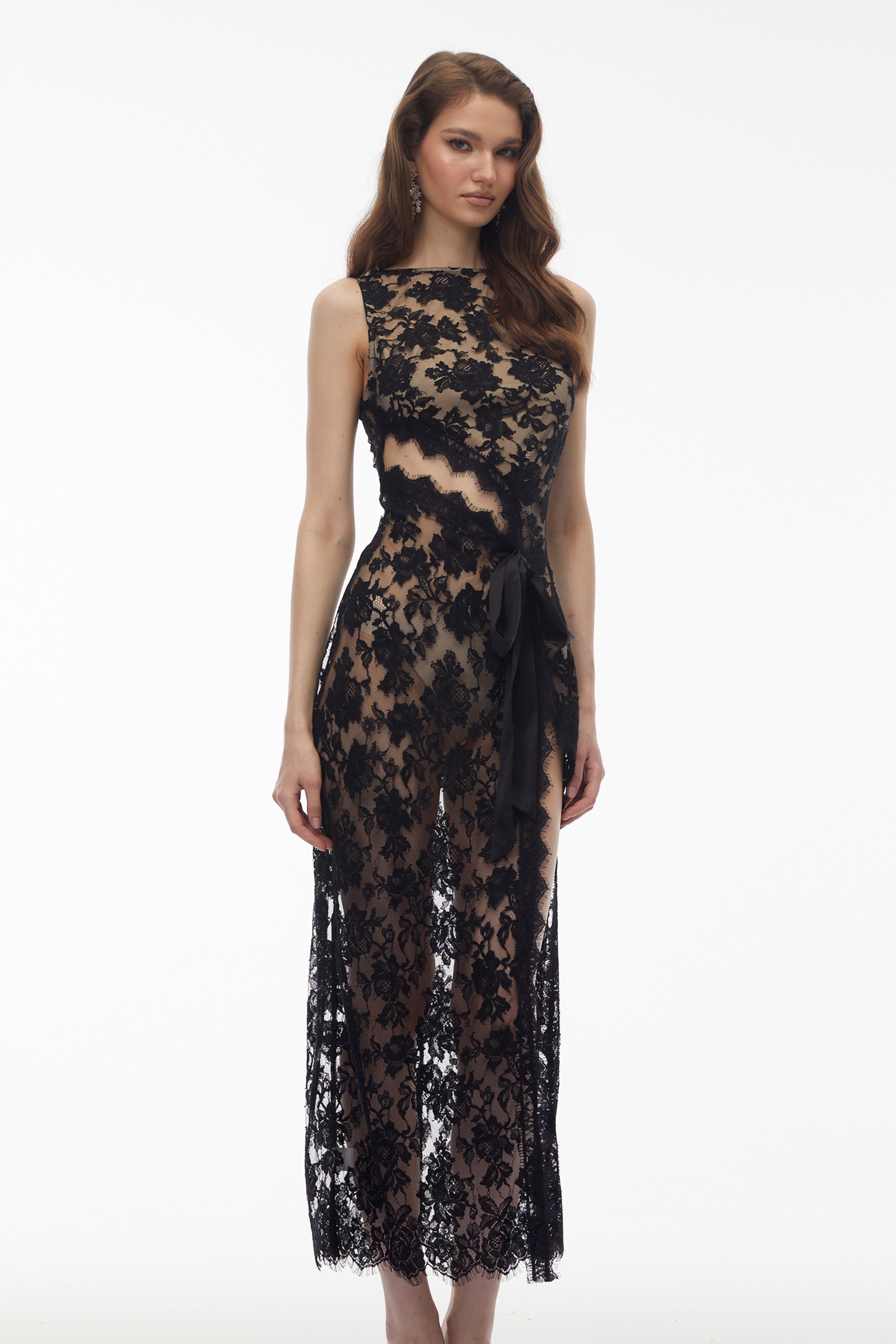 Olesya Black Semi Sheer Lace Maxi Dress (Final Sale)