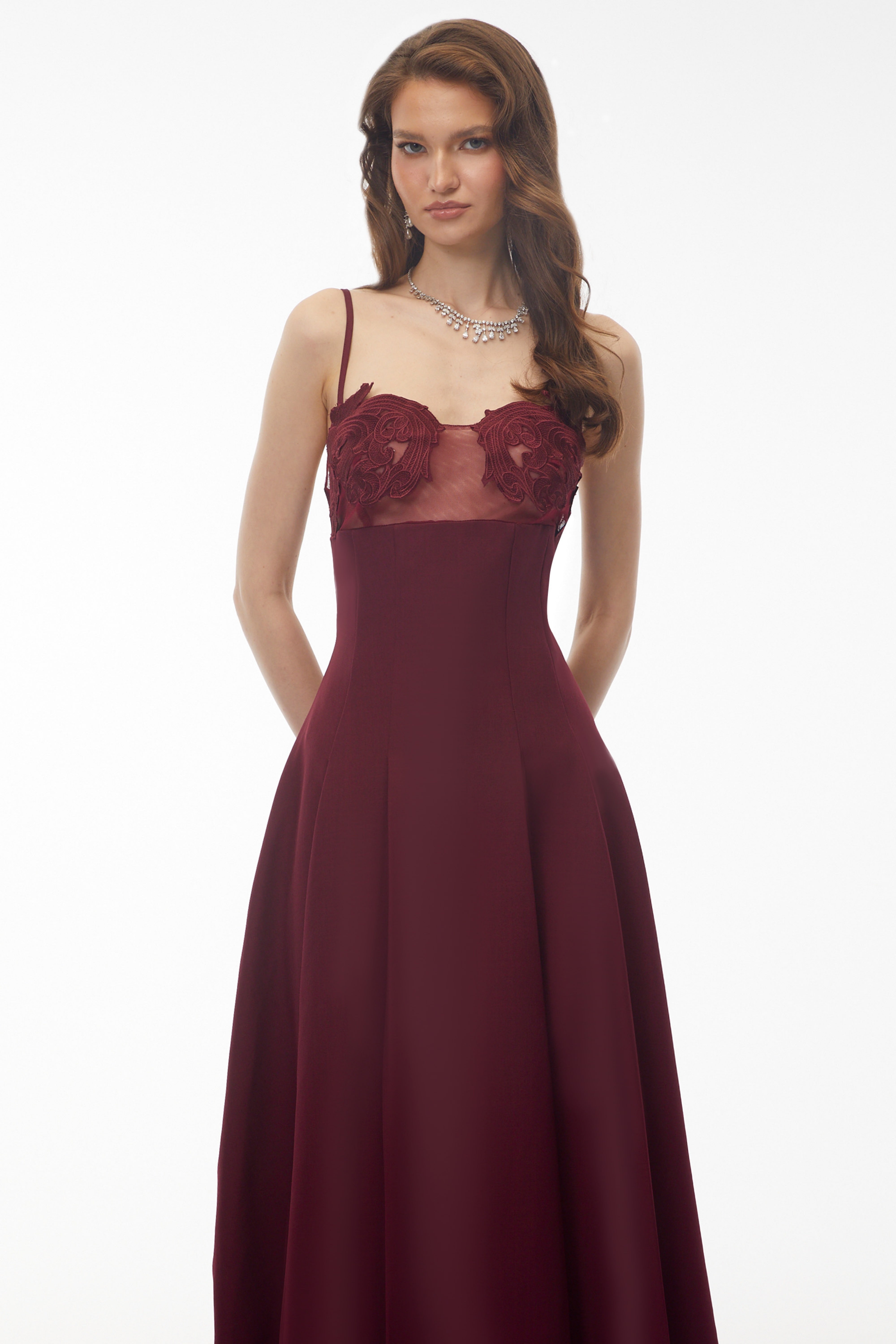 Olesya Burgundy Floral Embroidered Maxi Dress