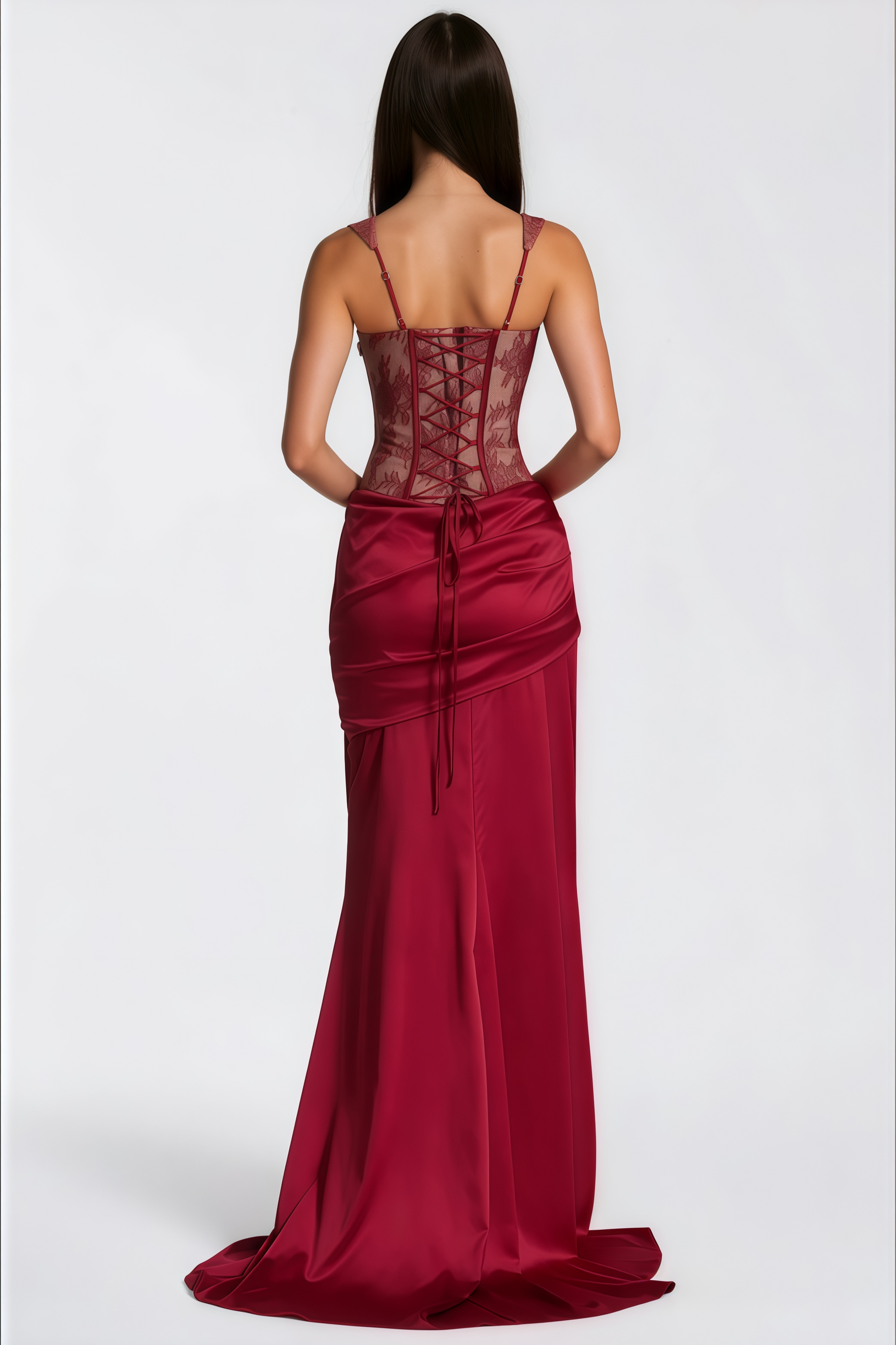 Olesya Red Lace Top & Ruched Skirt Set