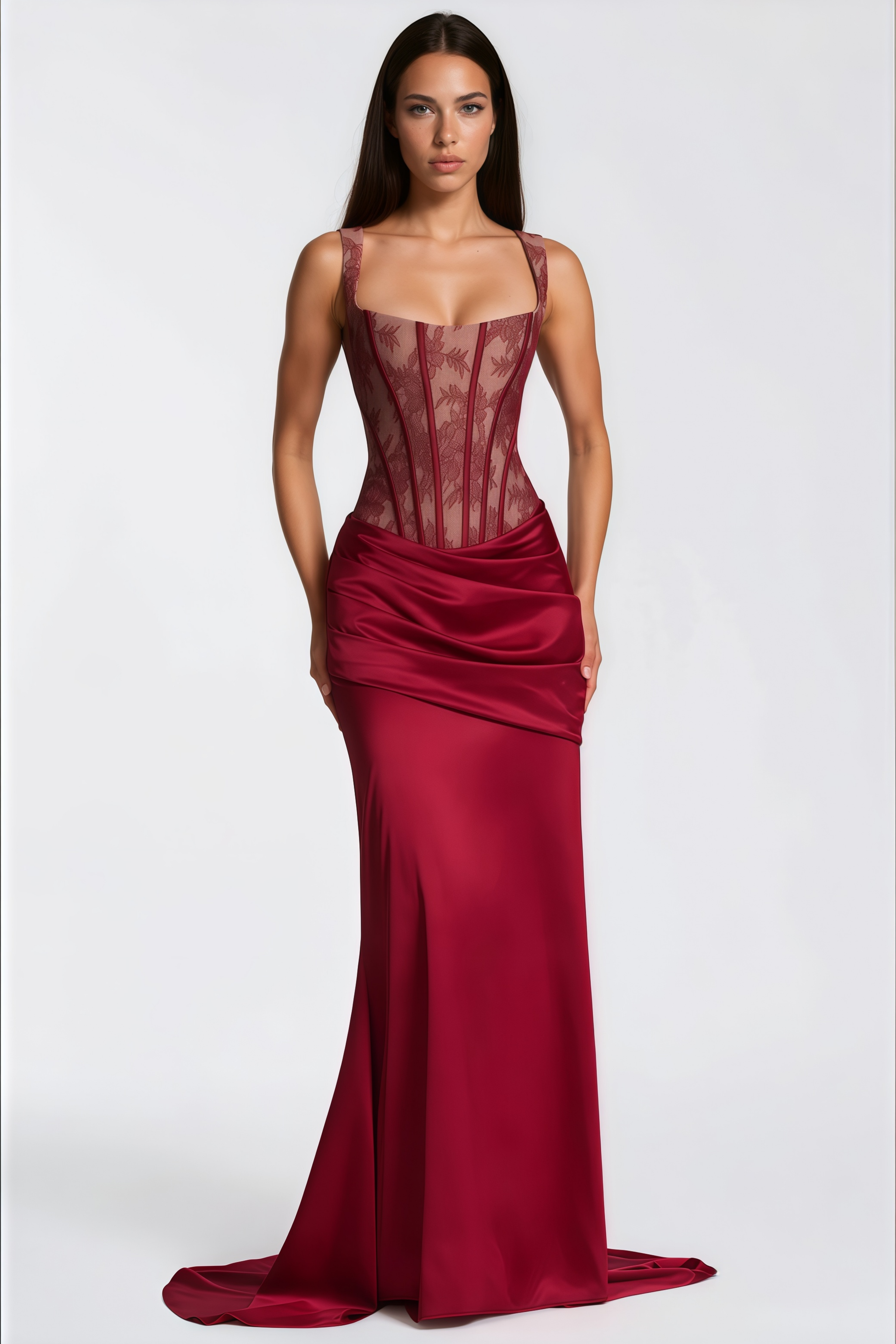 Olesya Red Lace Top & Ruched Skirt Set