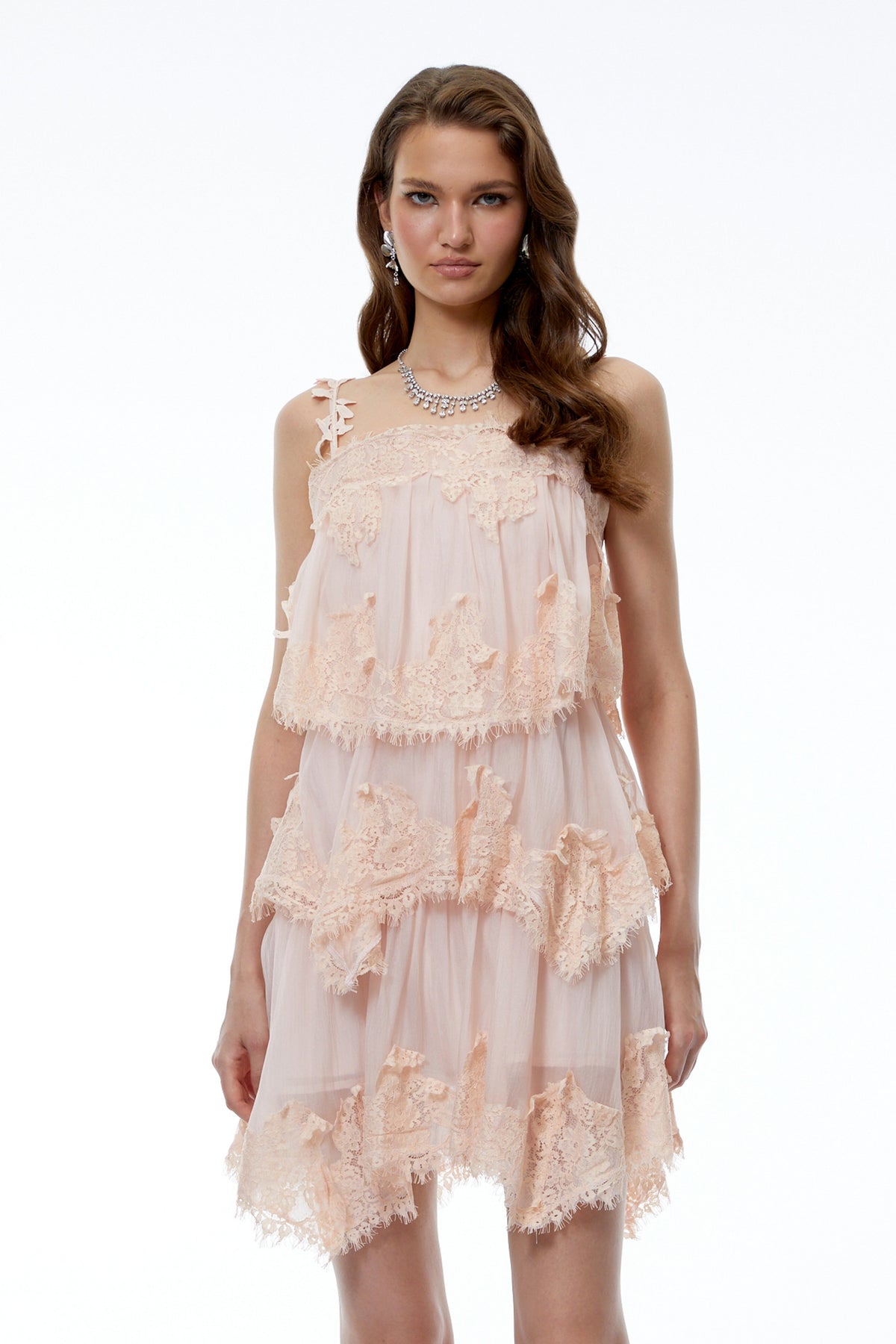 Olivia Pink Floral Applique Tiered Lace Mini Dress