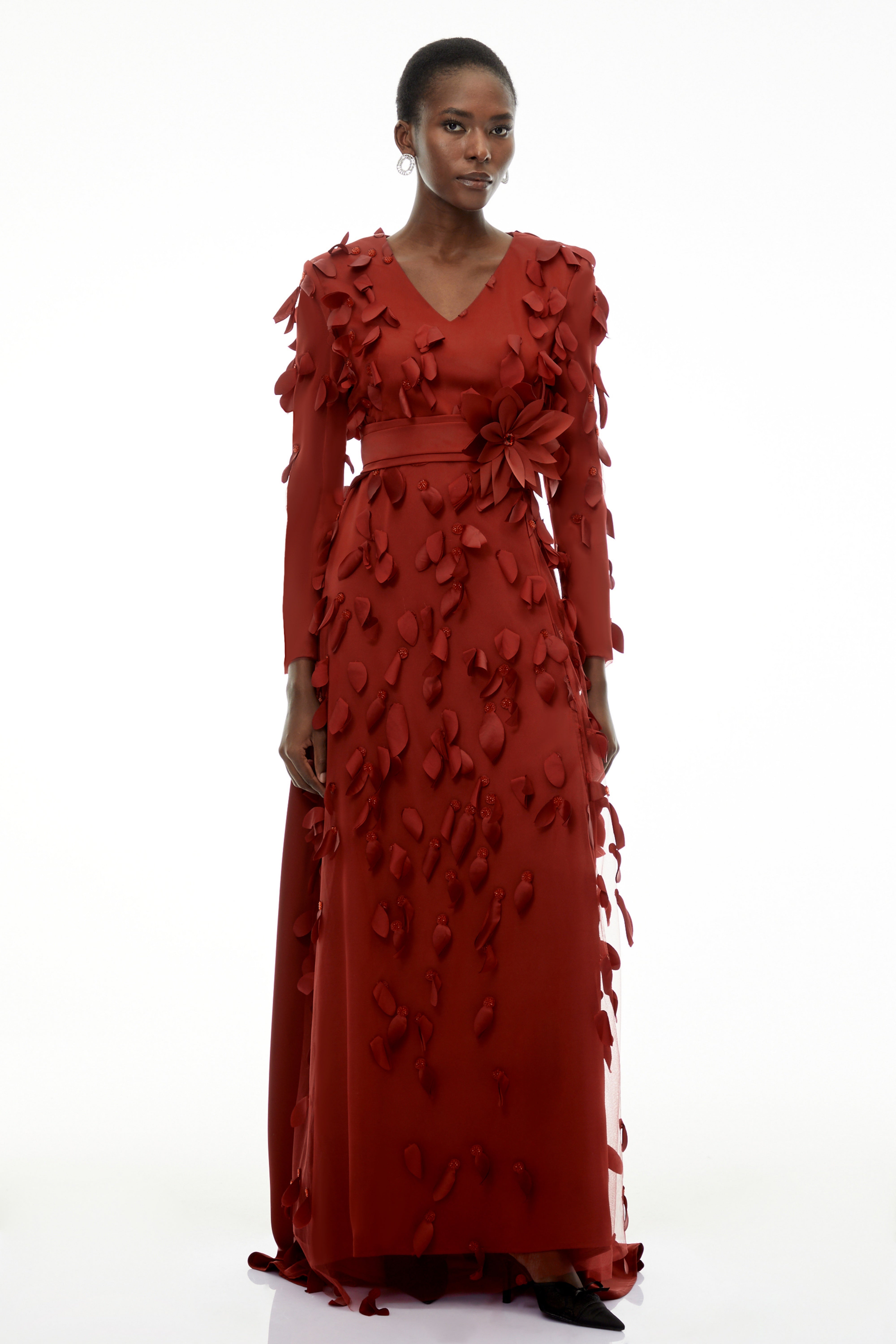 Olivia Red Maxi Dress with All-Over 3D Petals (Final Sale)