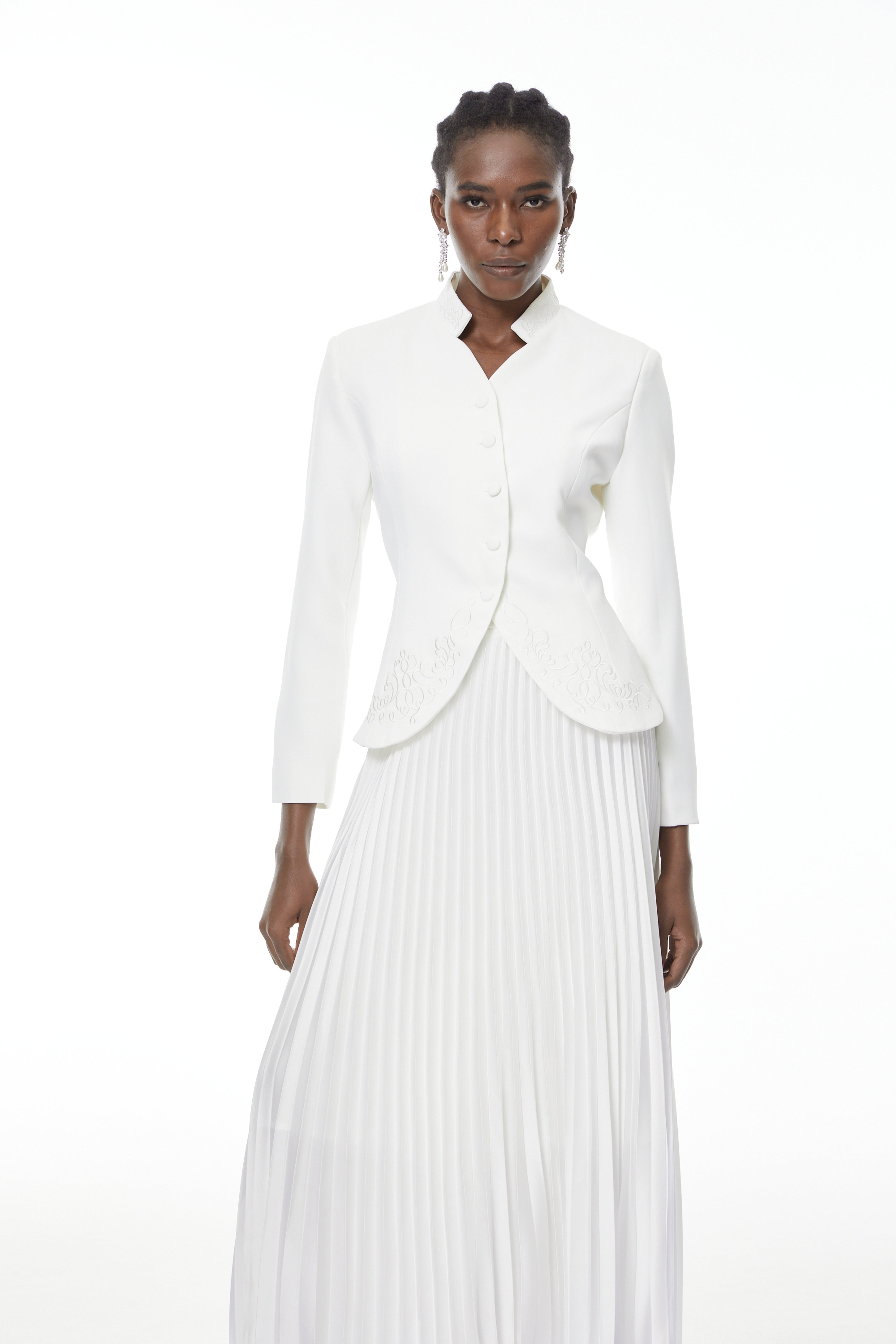 Olivia White Floral Embroidered Blazer & Pleated Skirt Set