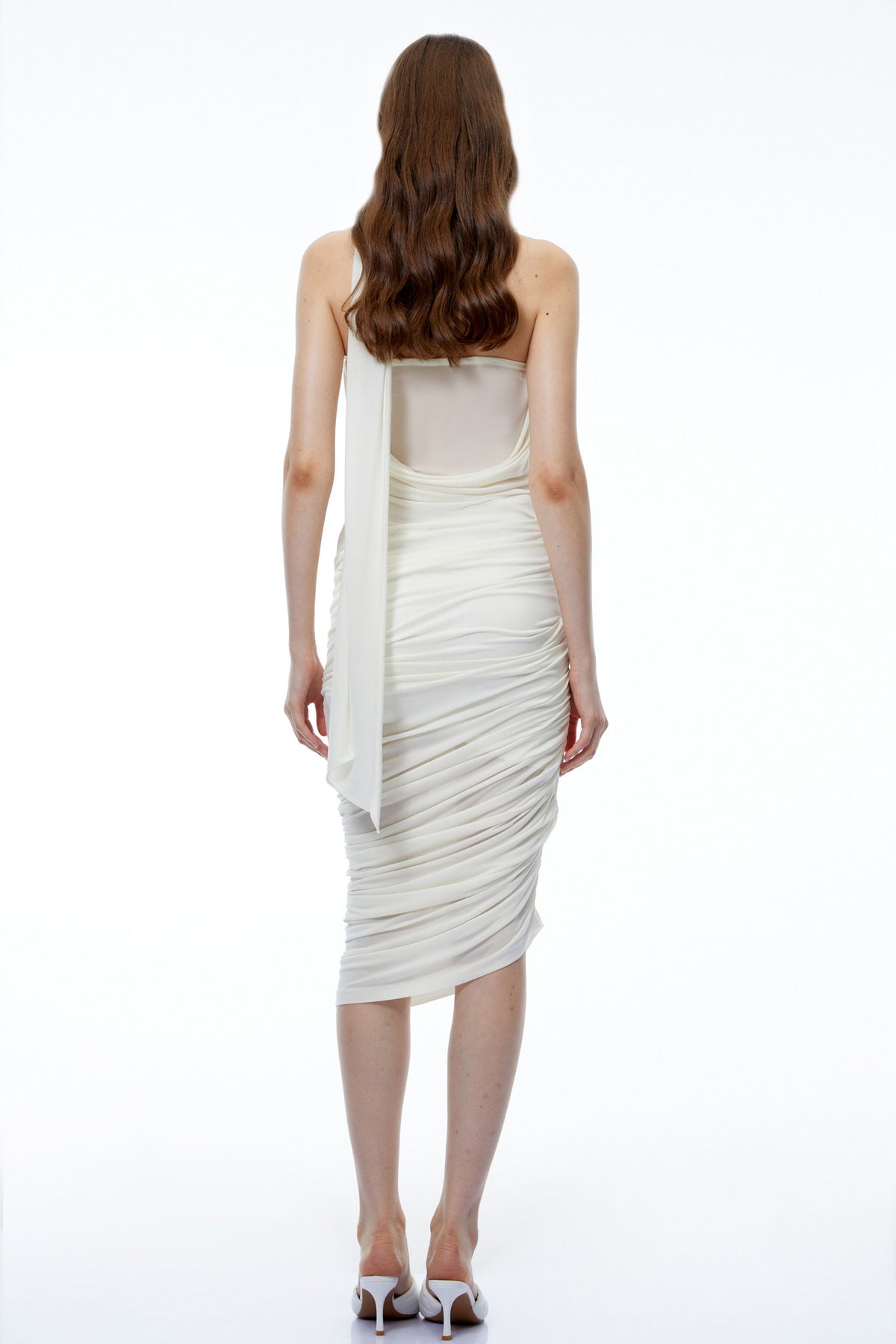 Olivia White Halterneck Ruched Midi Dress with 3D Florals