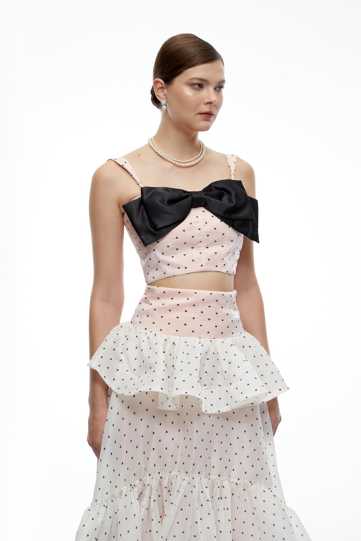 olympe pink bow polka dot crop top & skirt set