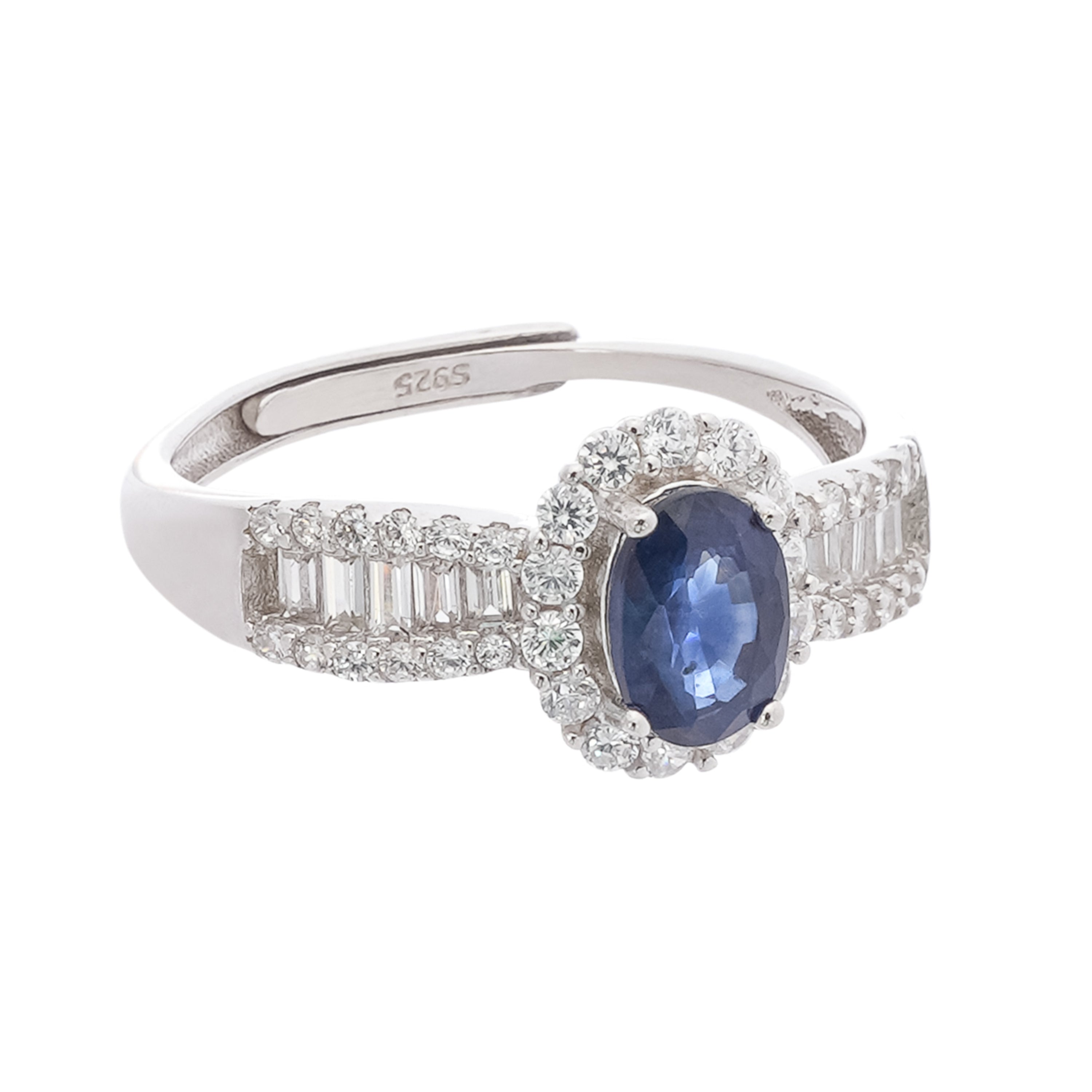 Olympe Blue Sapphire Oval Cut Halo Baguette Crystal Sterling Silver Ring